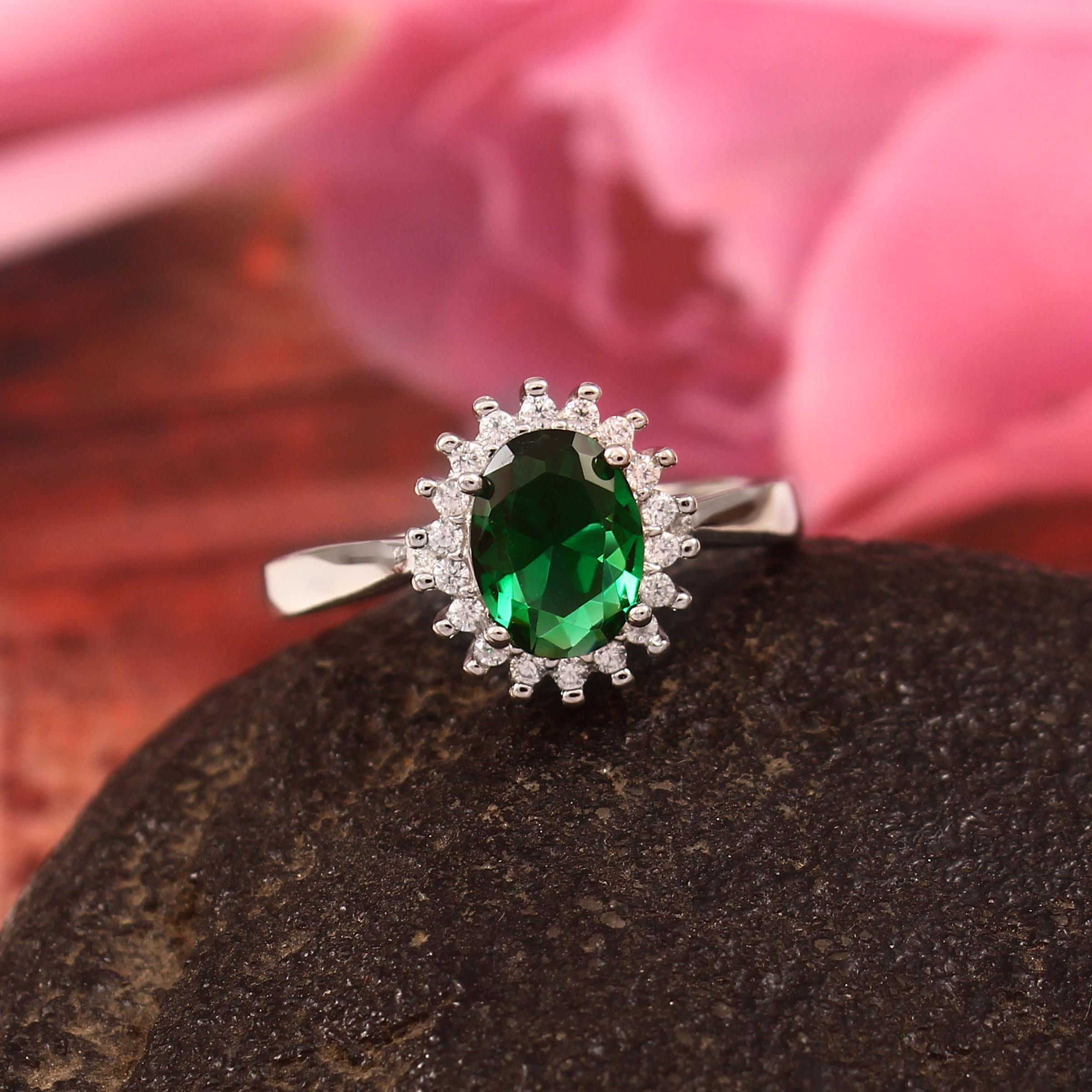 Oval Emerald Engagement Ring, Halo Moissanite, Sterling Silver Art Deco