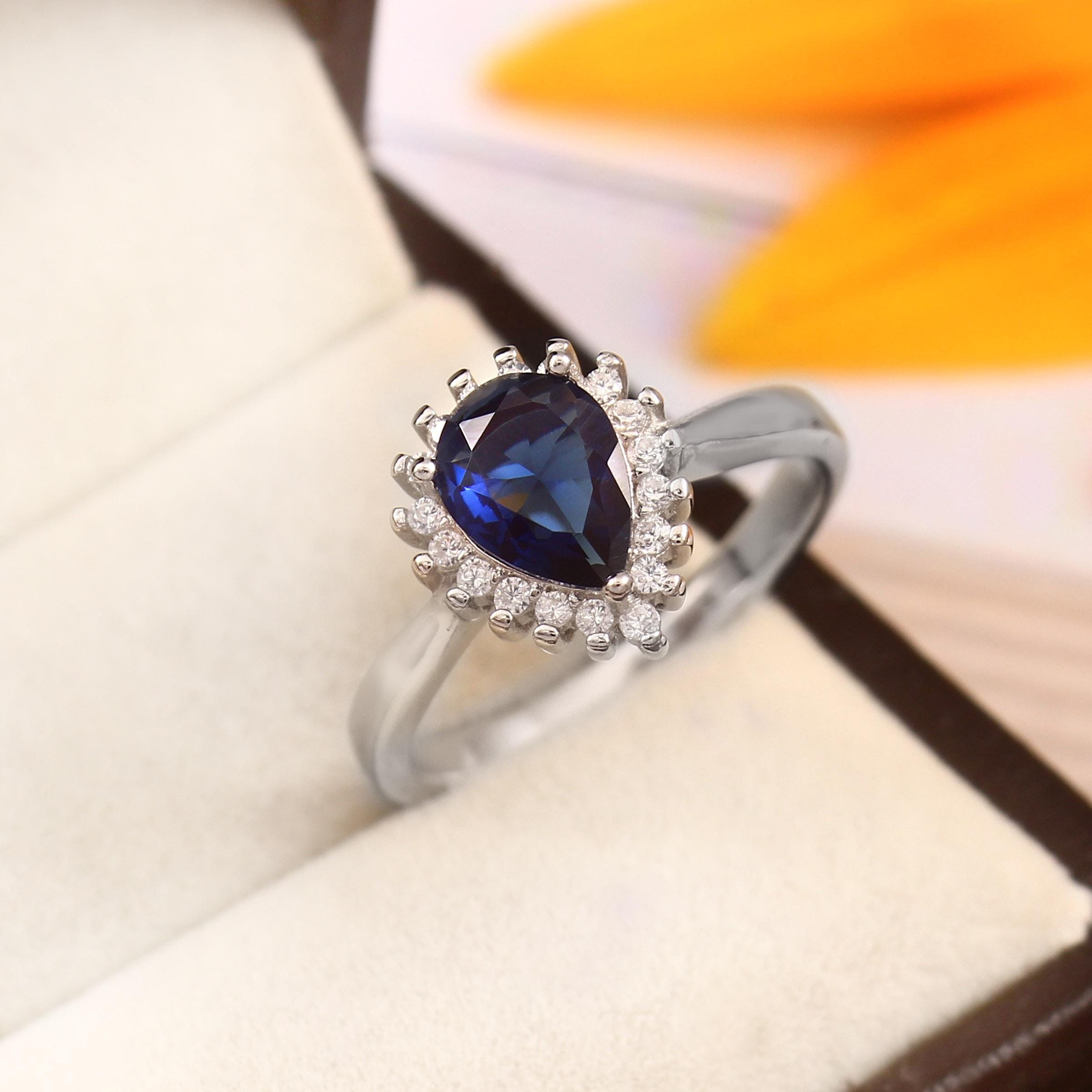 Blue Sapphire Engagement Ring, Pear Halo, Sterling Silver Art Deco