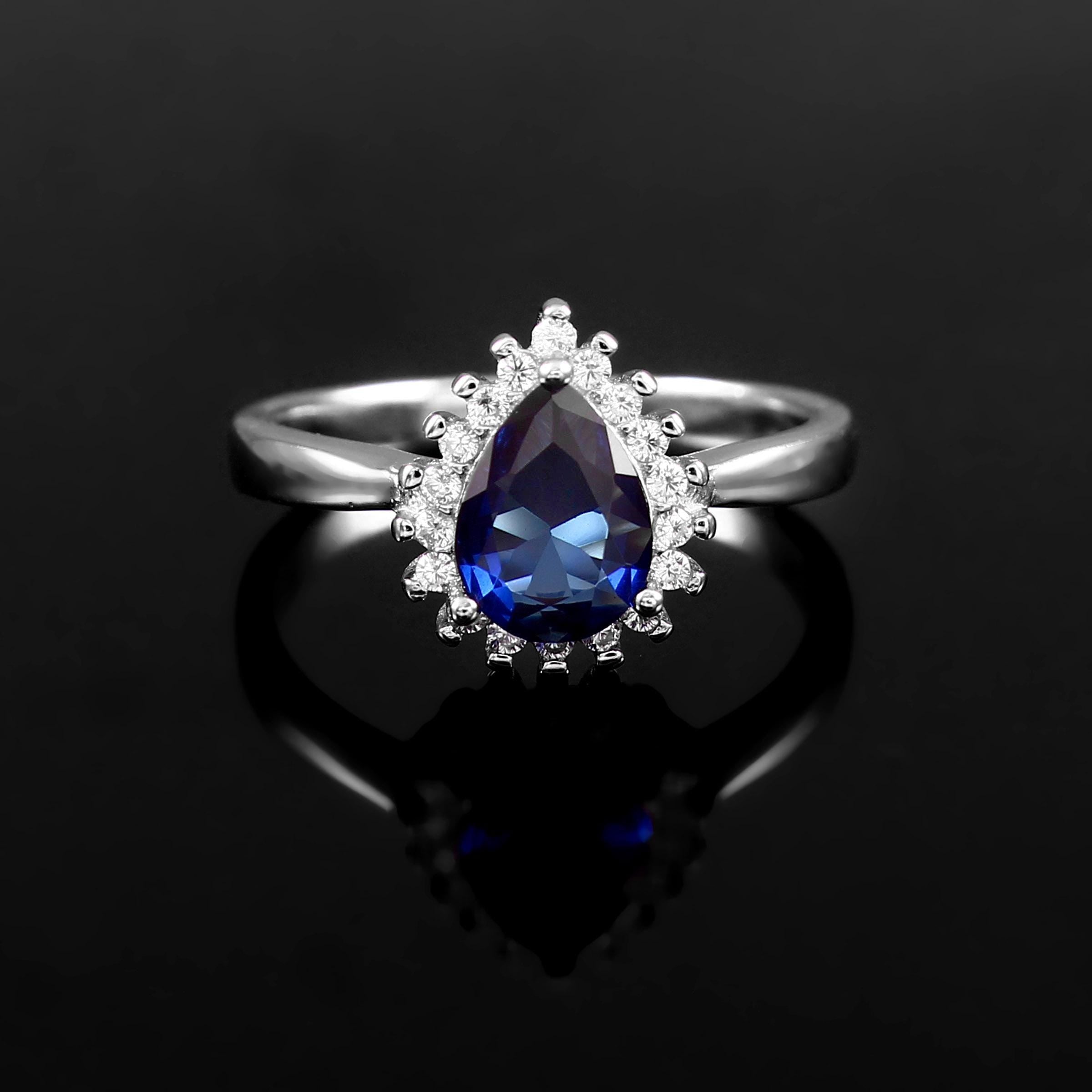 Blue Sapphire Engagement Ring, Pear Halo, Sterling Silver Art Deco