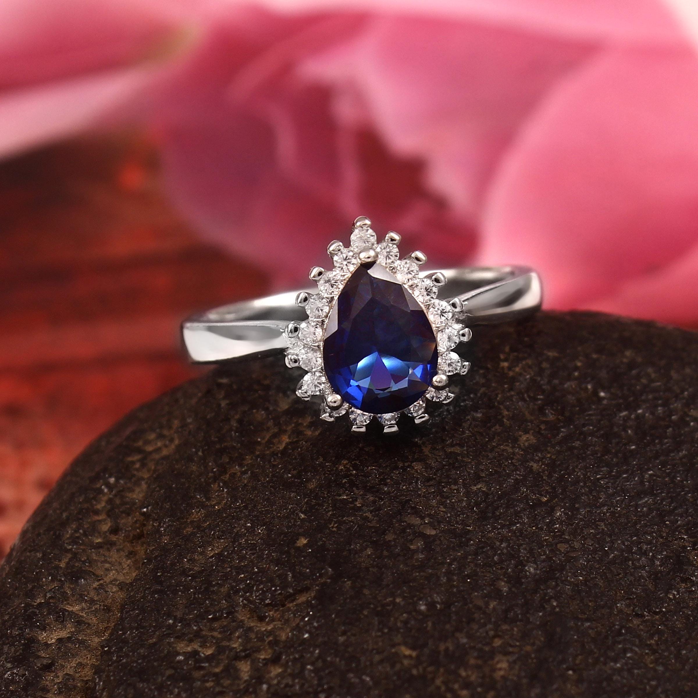 Blue Sapphire Engagement Ring, Pear Halo, Sterling Silver Art Deco
