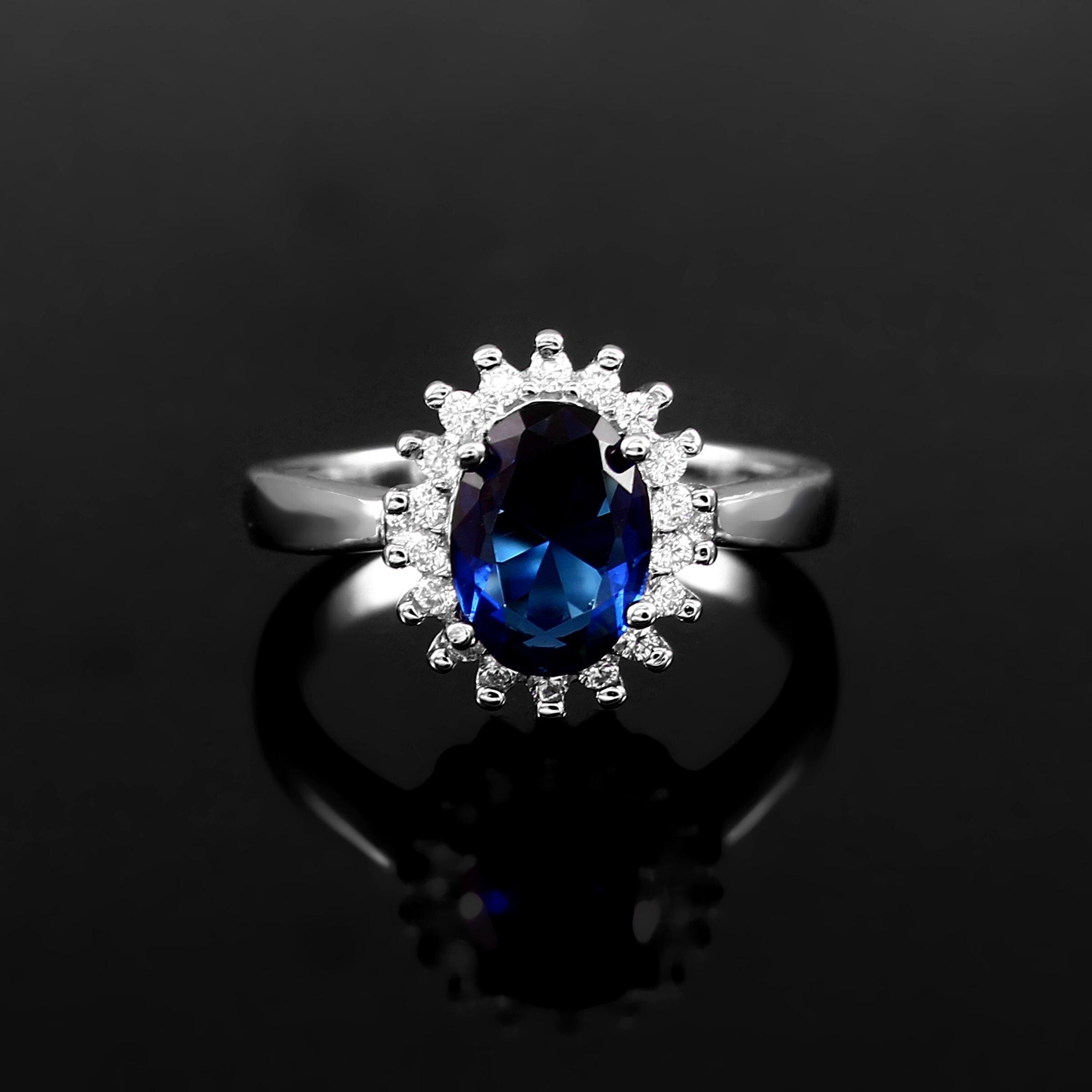 Blue Sapphire Engagement Ring, Oval Halo, Sterling Silver, Art Deco Style