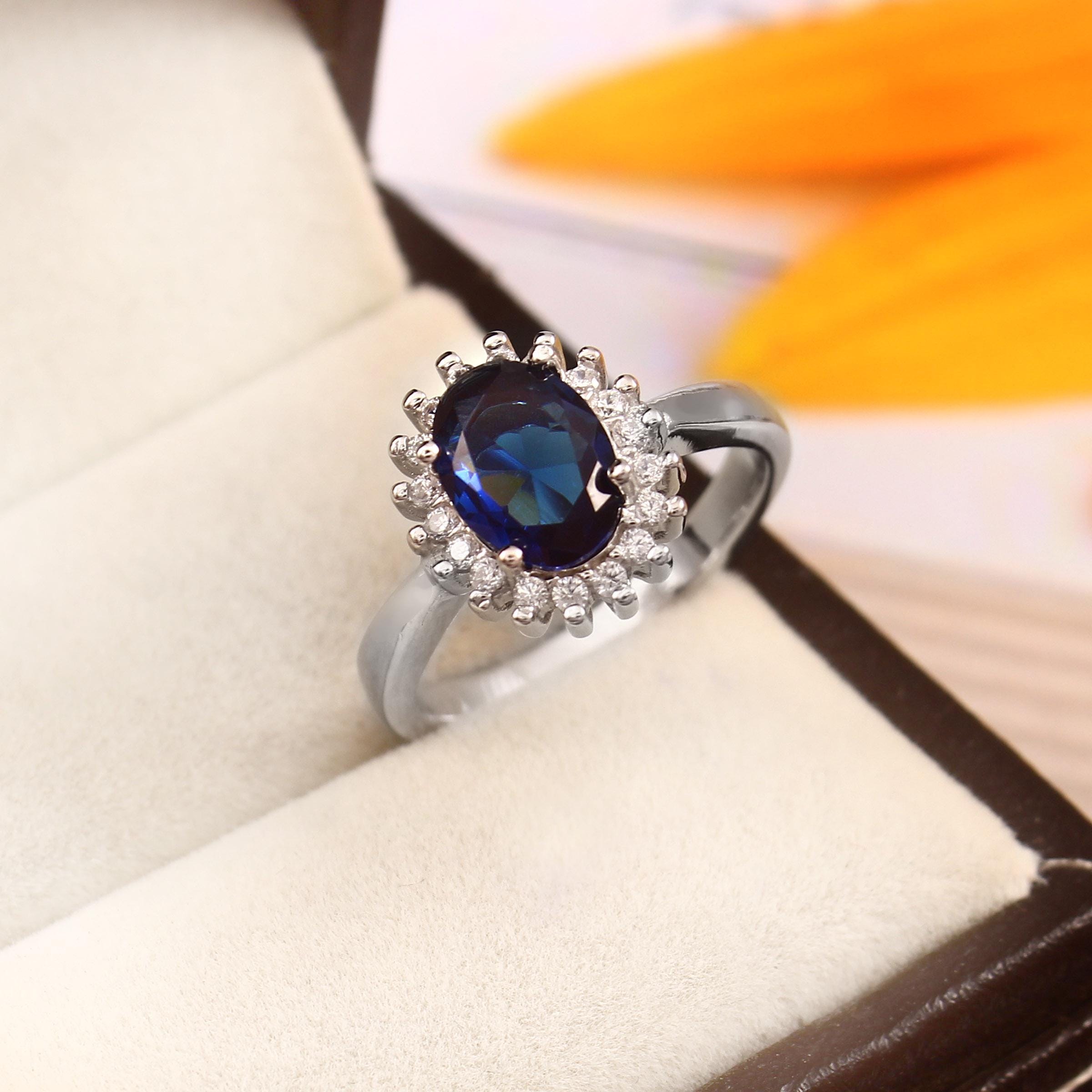 Blue Sapphire Engagement Ring, Oval Halo, Sterling Silver, Art Deco Style