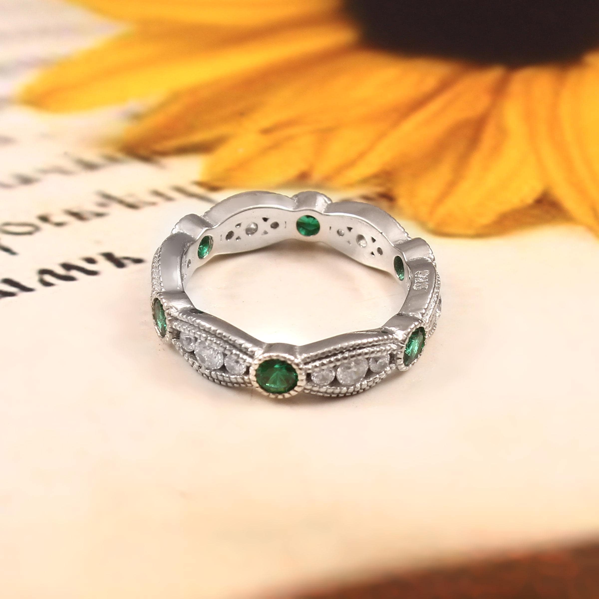 Emerald Moissanite Wedding Band, Sterling Silver Art Deco Milgrain Ring