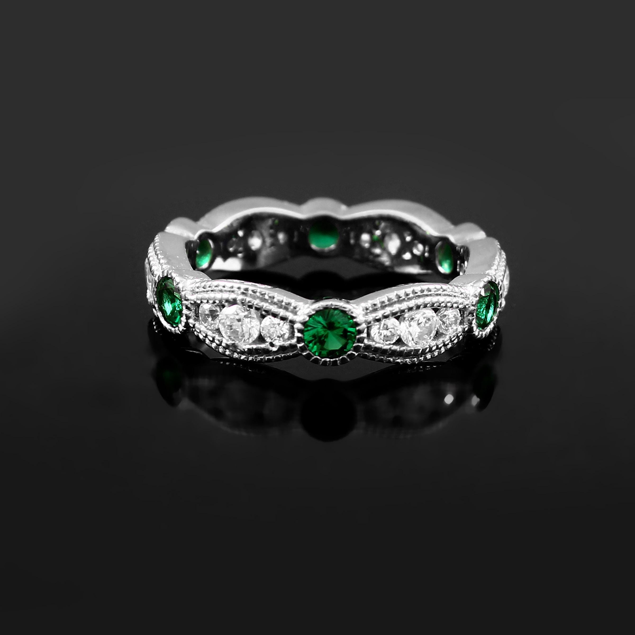 Emerald Moissanite Wedding Band, Sterling Silver Art Deco Milgrain Ring
