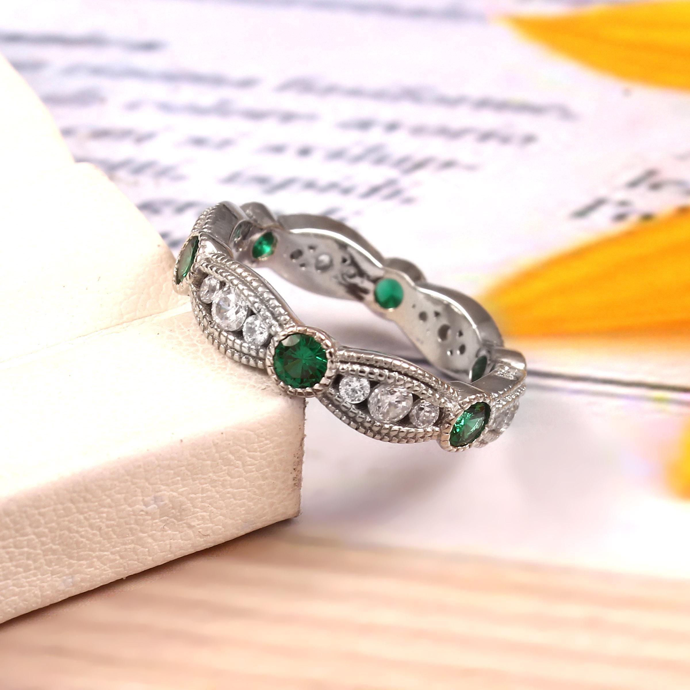 Emerald Moissanite Wedding Band, Sterling Silver Art Deco Milgrain Ring