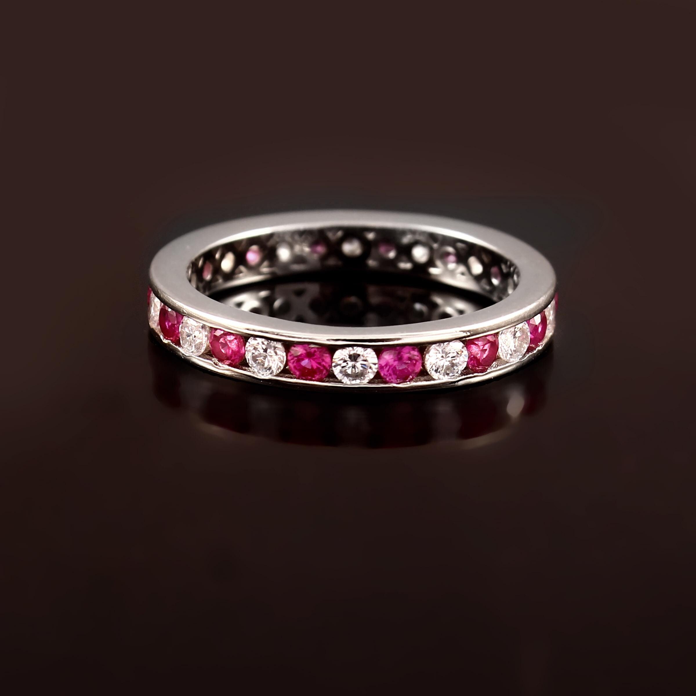 Ruby & Moissanite Eternity Band, Sterling Silver Anniversary Ring