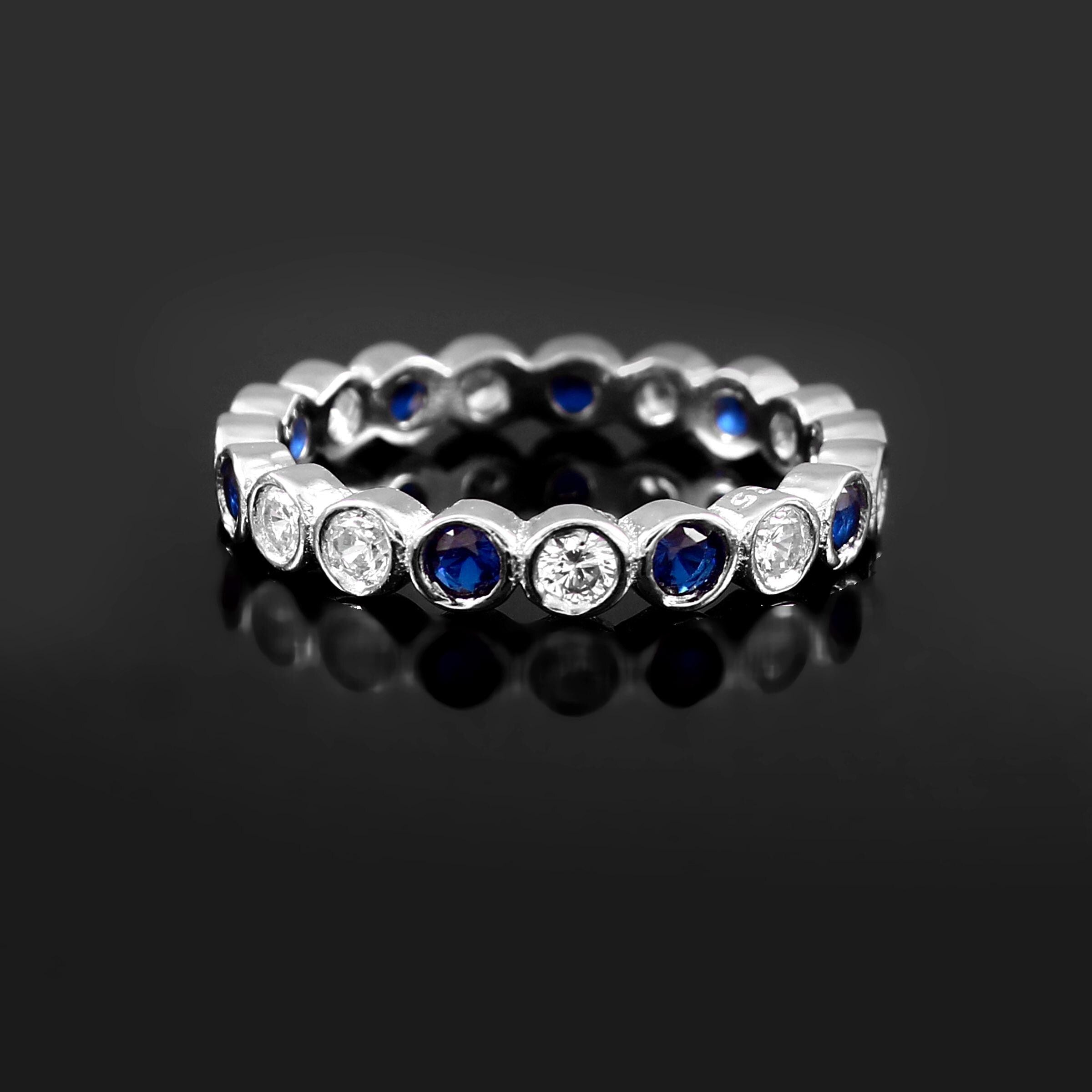 Blue Sapphire Moissanite Eternity Band, Art Deco Sterling Silver Ring