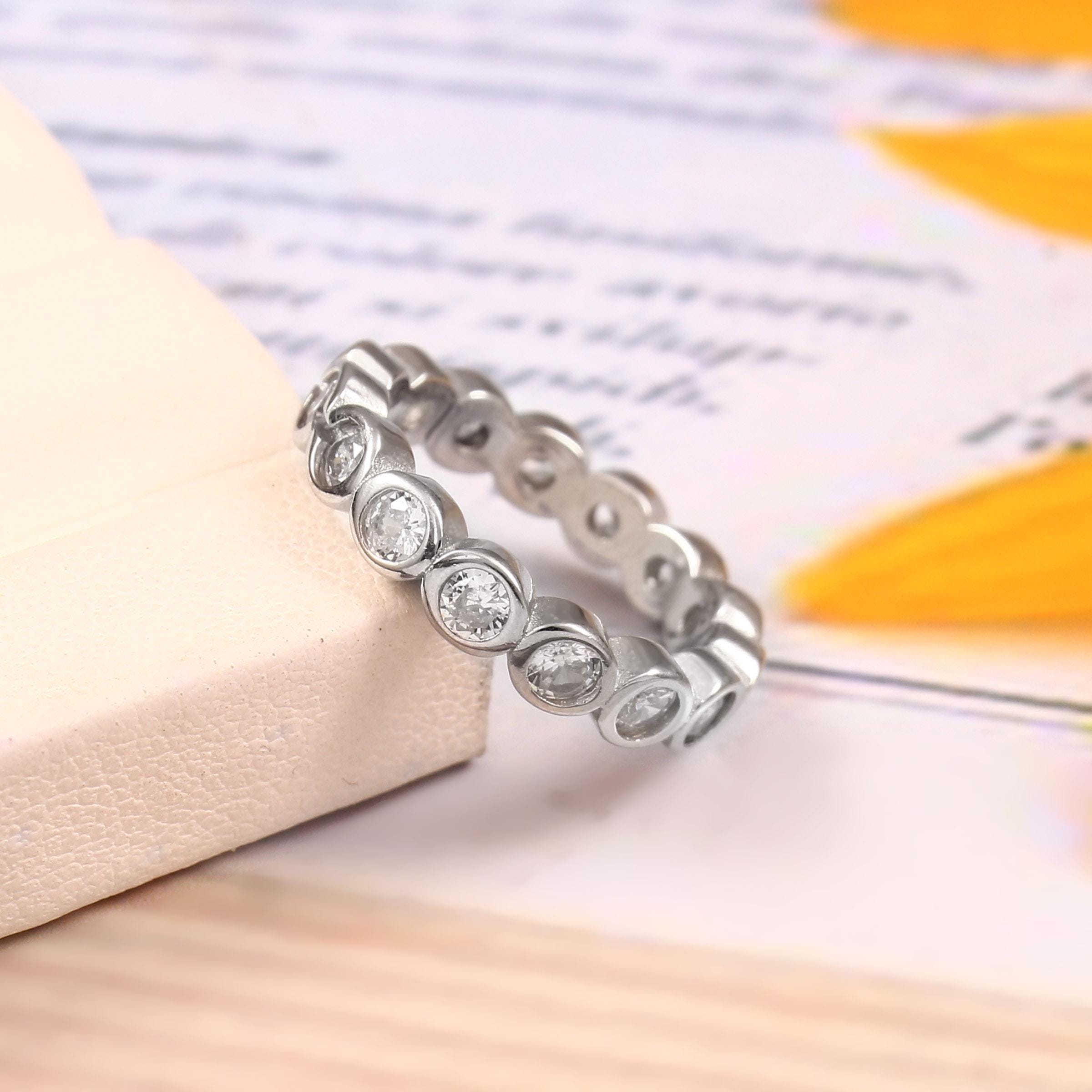 Moissanite Sterling Silver Wedding Band, Bezel Set Eternity Ring