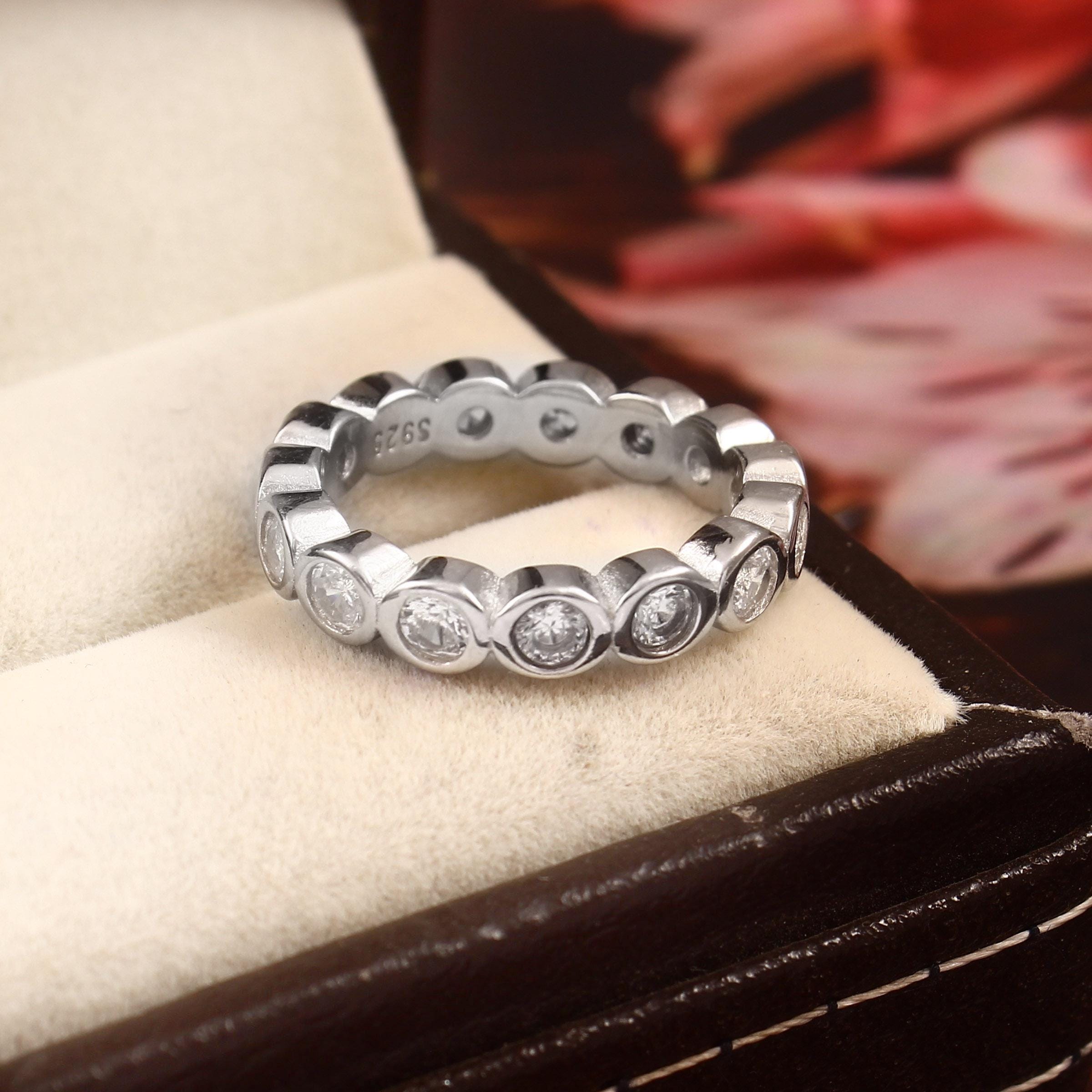 Moissanite Sterling Silver Wedding Band, Bezel Set Eternity Ring