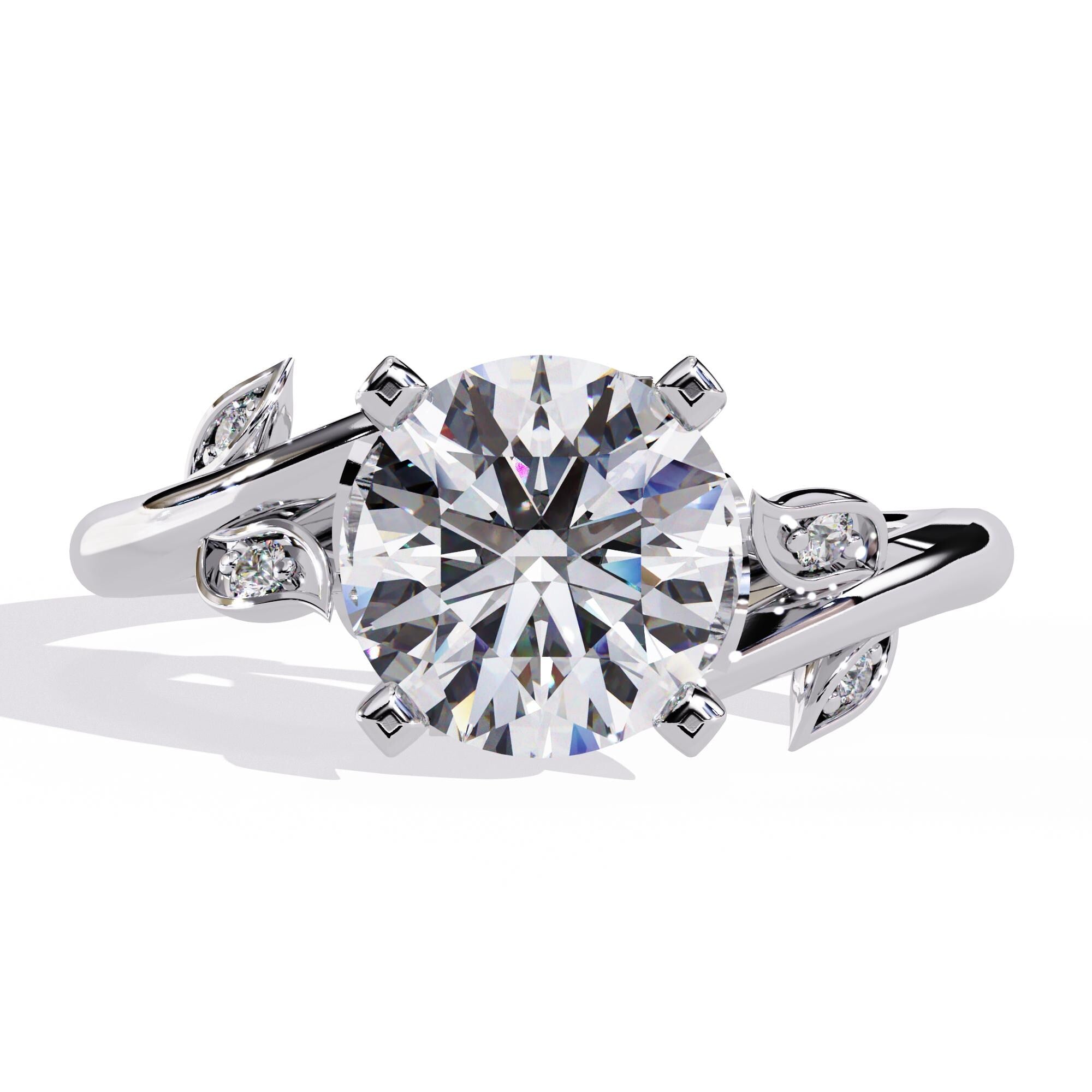 Sterling Silver Moissanite Leaf Engagement Ring, Hidden Halo Bridal Jewelry