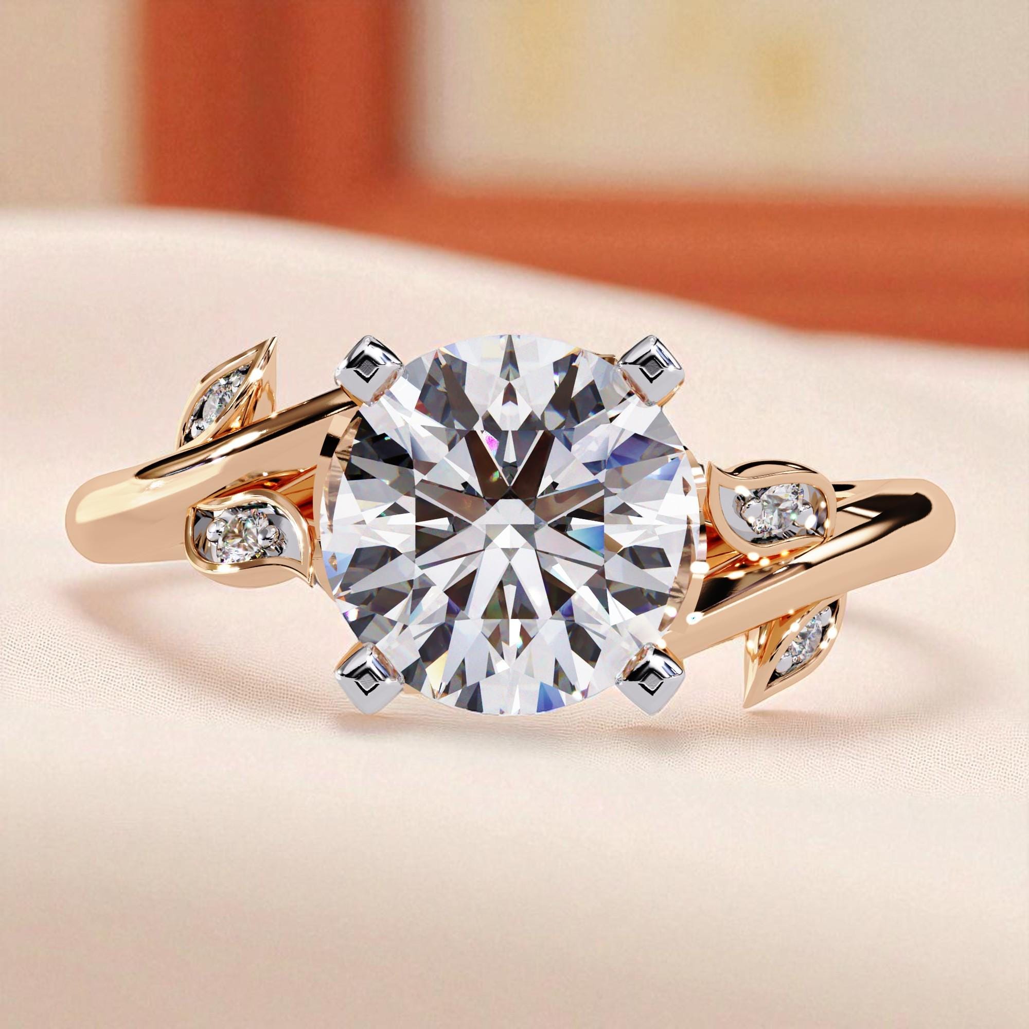Sterling Silver Moissanite Leaf Engagement Ring, Hidden Halo Bridal Jewelry