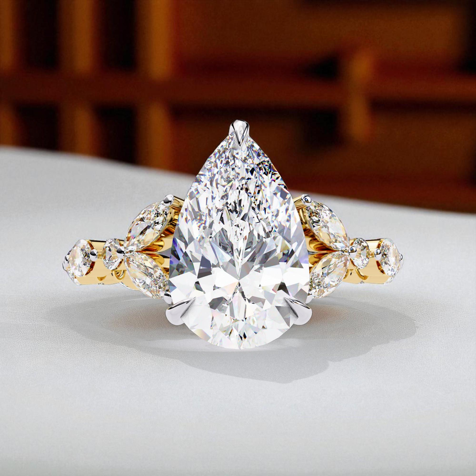 3ct Pear Moissanite Engagement Ring, Sterling Silver Art Deco Eternity Band