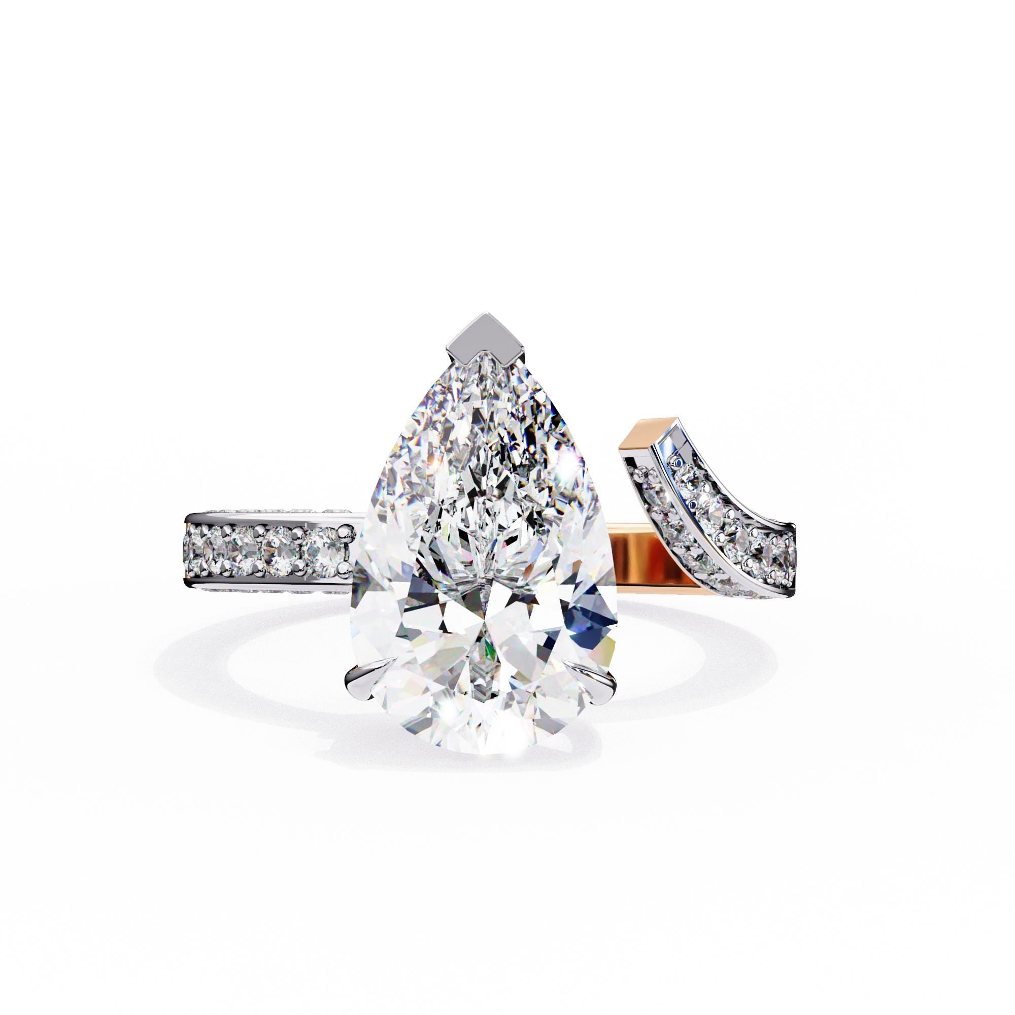 Sterling Silver Pear Moissanite Engagement Ring, Art Deco Bypass Design