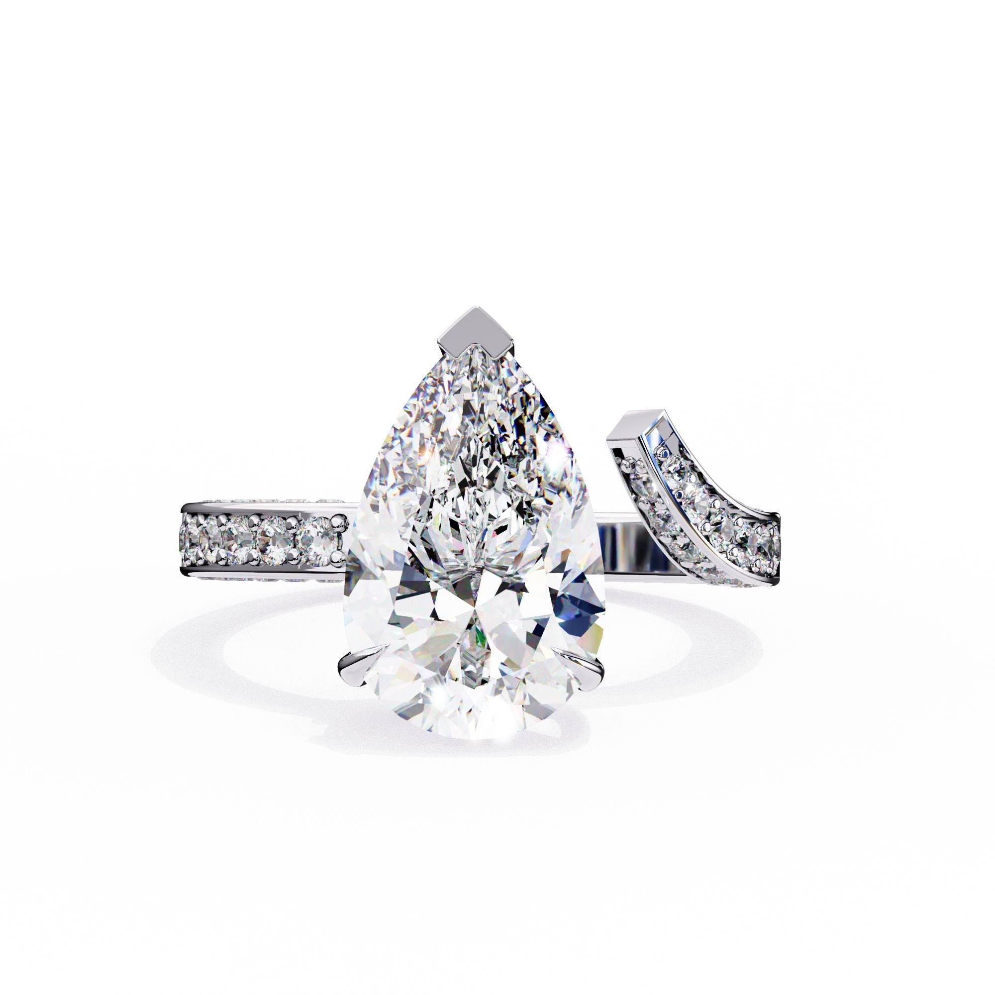 Sterling Silver Pear Moissanite Engagement Ring, Art Deco Bypass Design