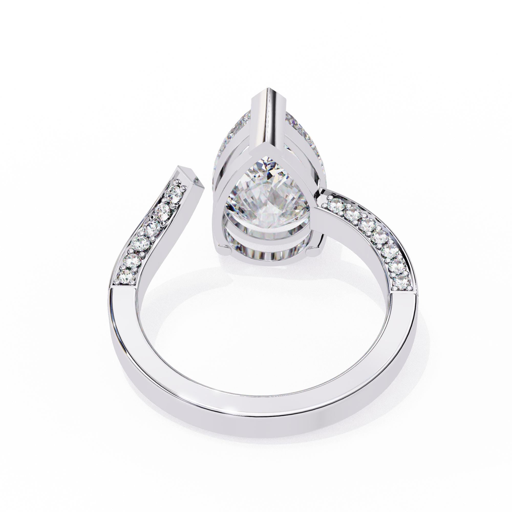 Sterling Silver Pear Moissanite Engagement Ring, Art Deco Bypass Design