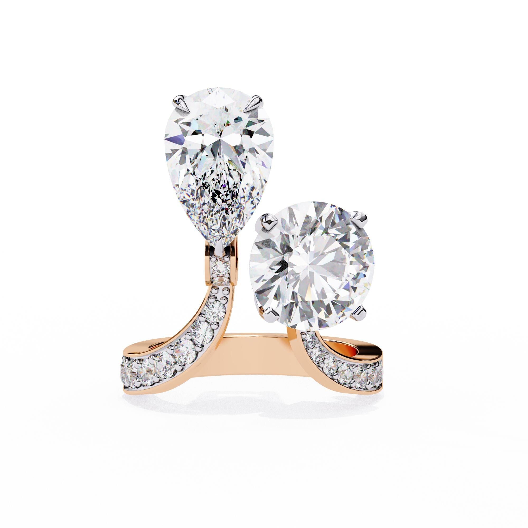 Moissanite Toi et Moi Ring, Sterling Silver Pear and Round Engagement Ring