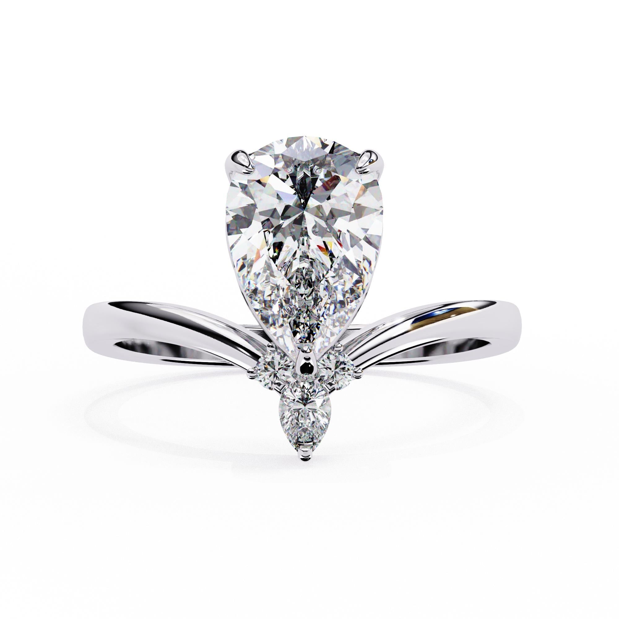 Pear Moissanite Engagement Ring, V-Shape Sterling Silver Band