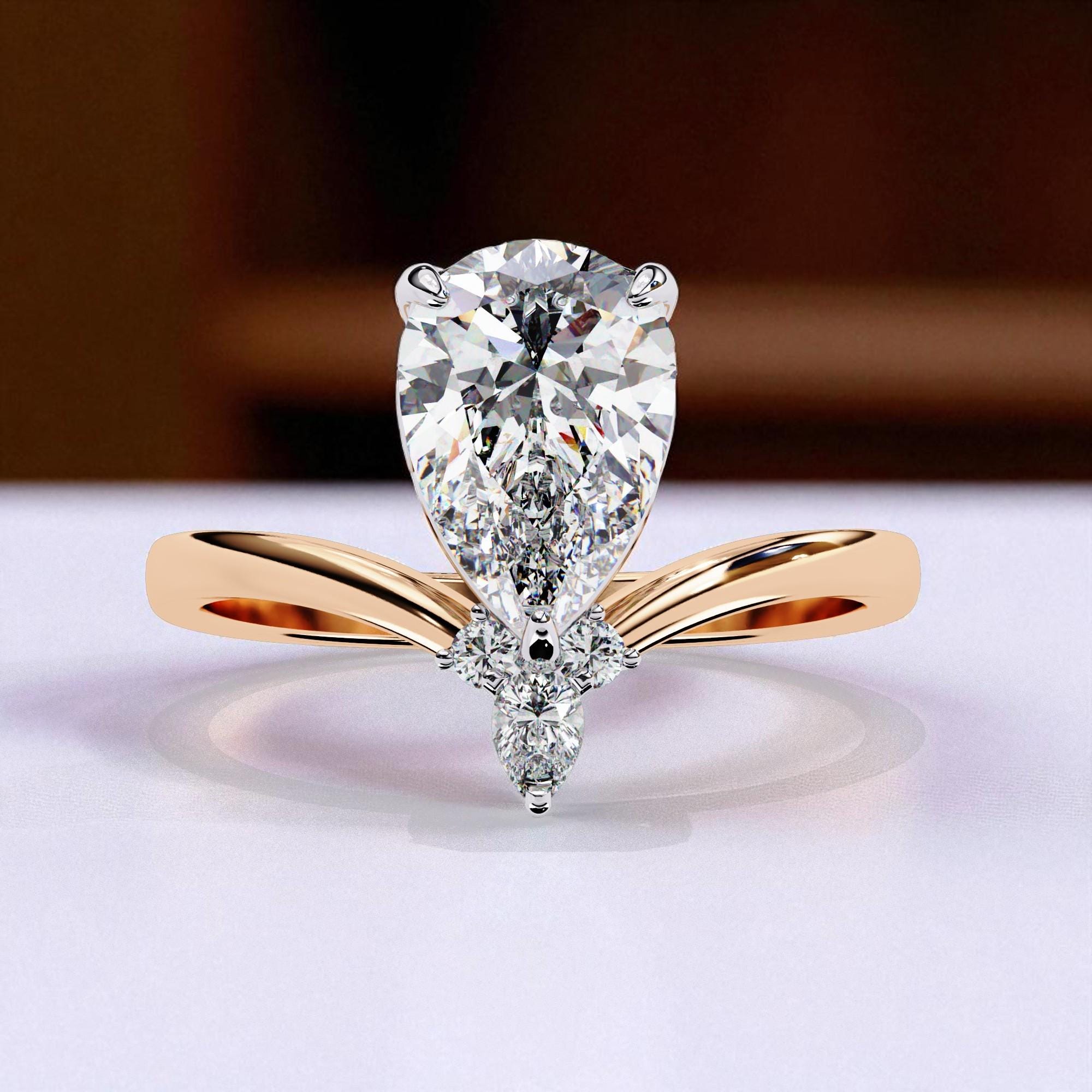 Pear Moissanite Engagement Ring, V-Shape Sterling Silver Band