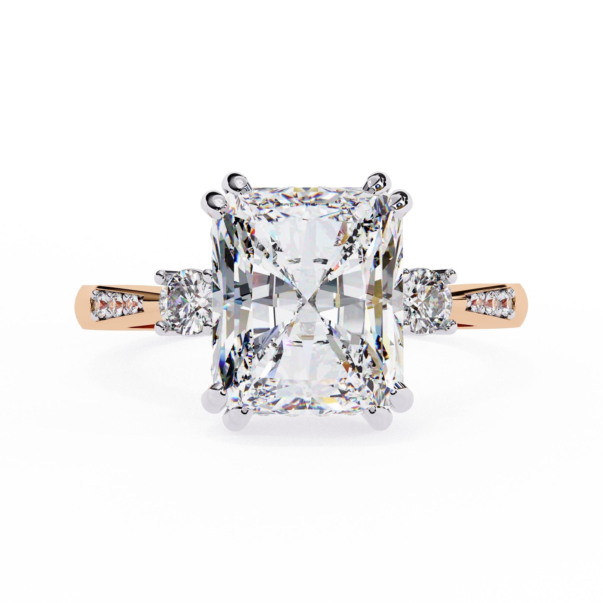 Radiant Cut Moissanite Engagement Ring, Hidden Halo, Sterling Silver