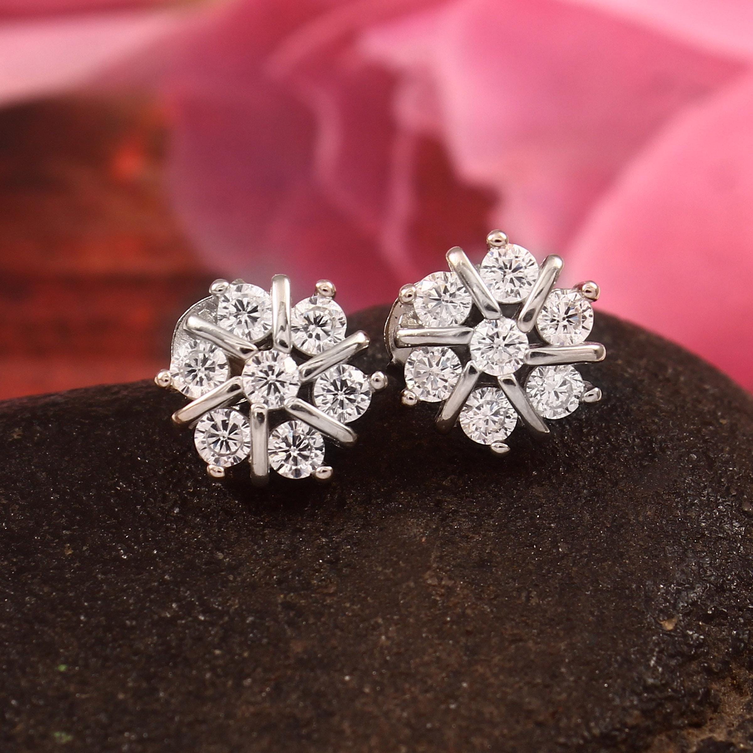 Moissanite Flower Stud Earrings, Sterling Silver Snowflake Floral Studs