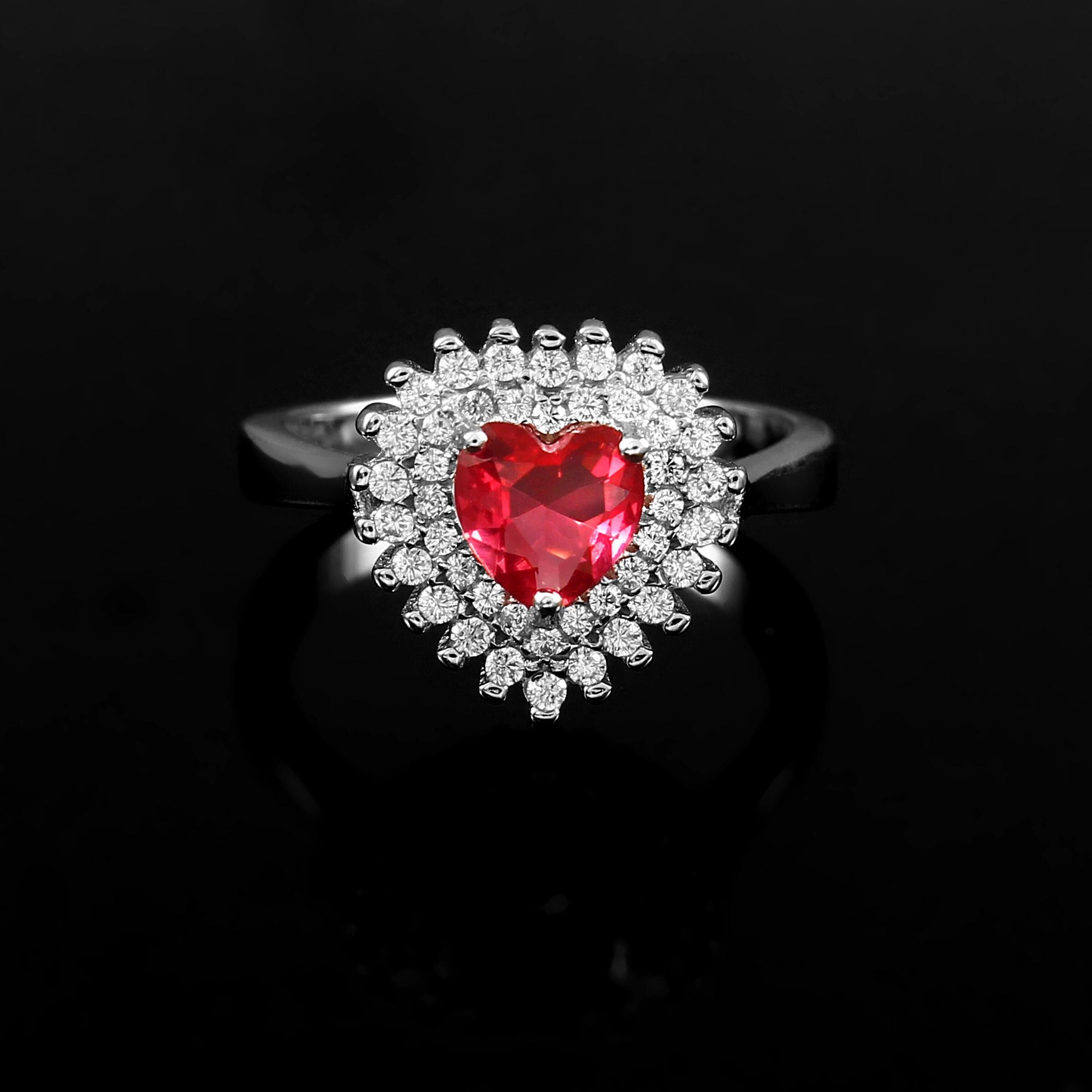Heart Ruby Engagement Ring, Double Halo, Sterling Silver