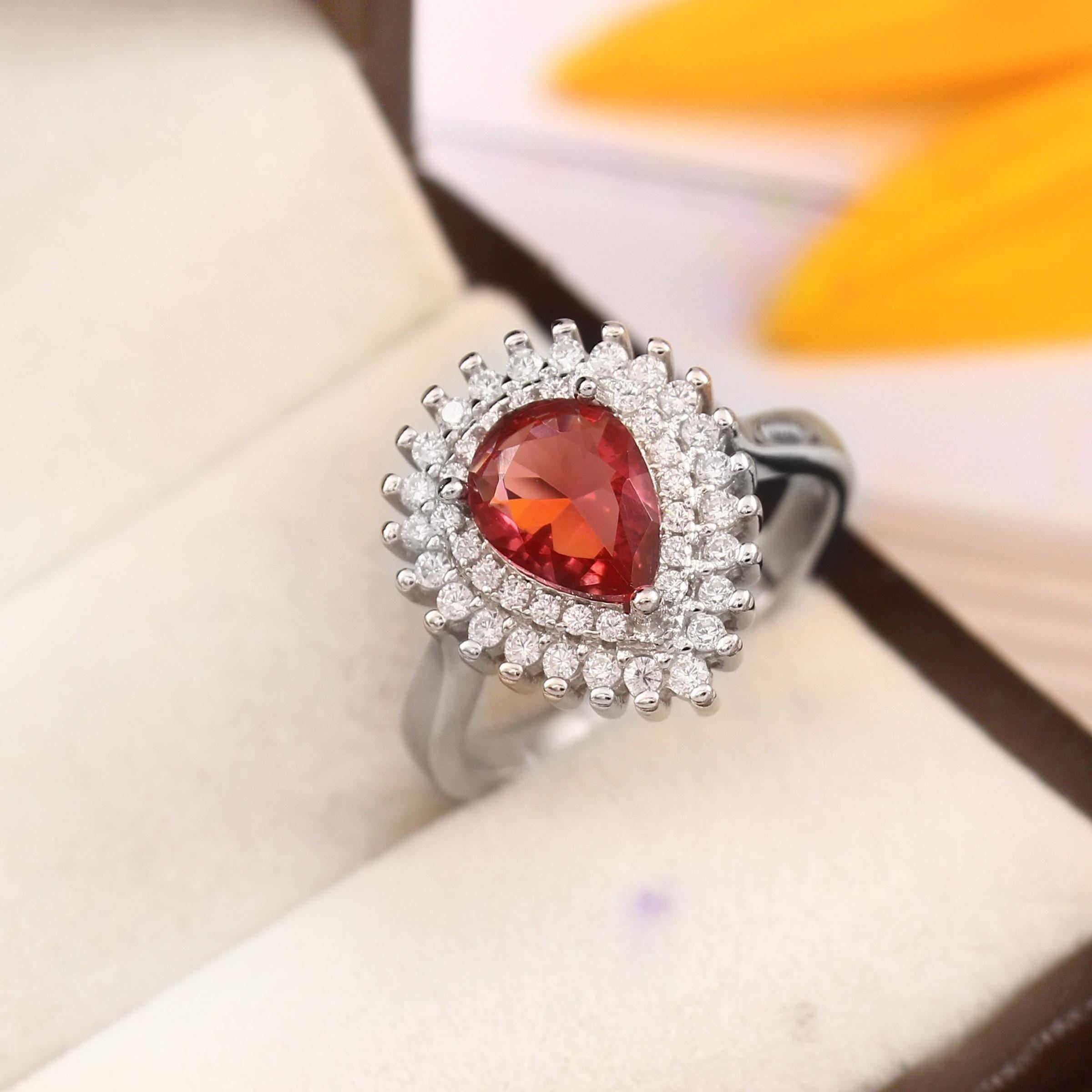 Pear Cut Ruby Sterling Silver Ring, Double Halo Art Deco Design