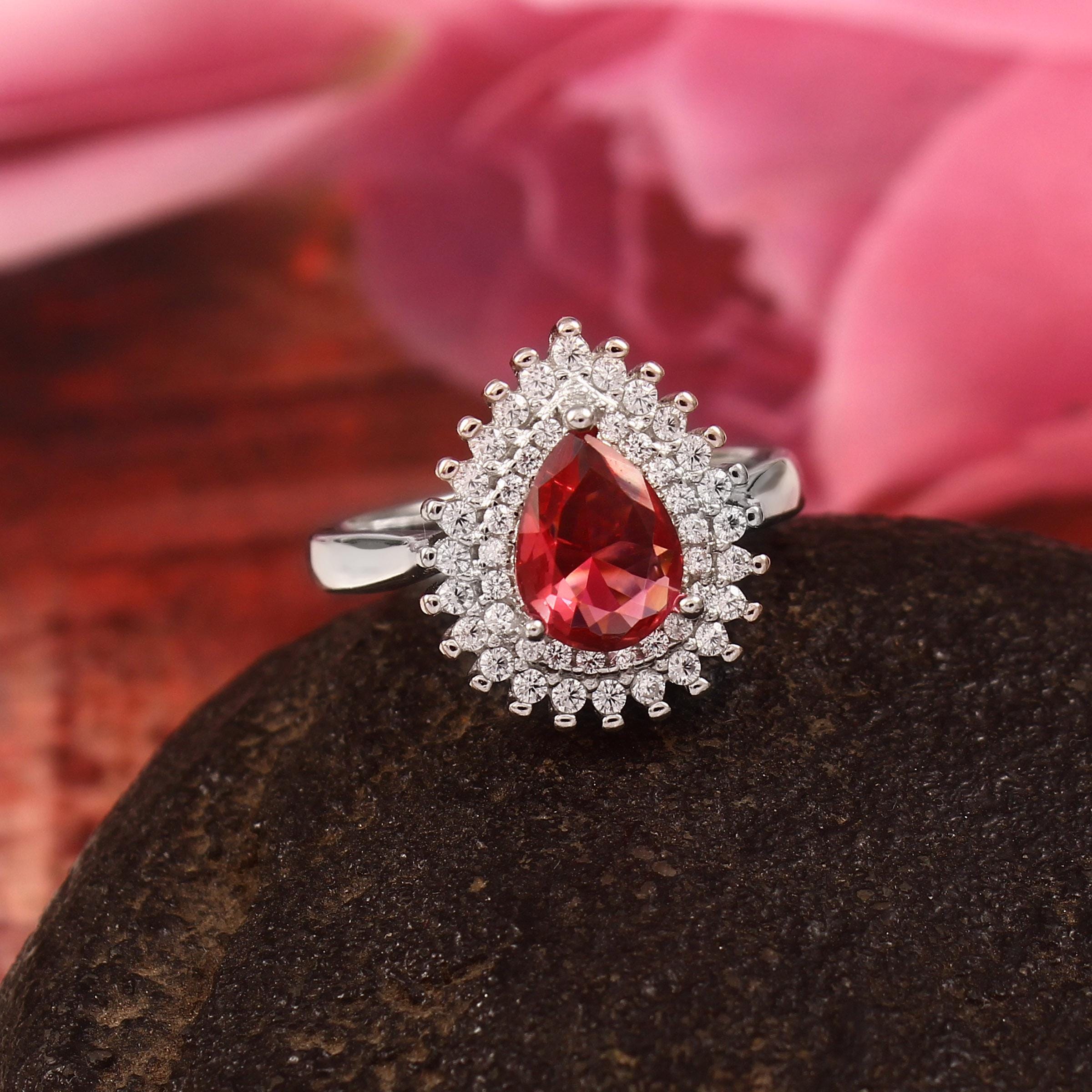 Pear Cut Ruby Sterling Silver Ring, Double Halo Art Deco Design