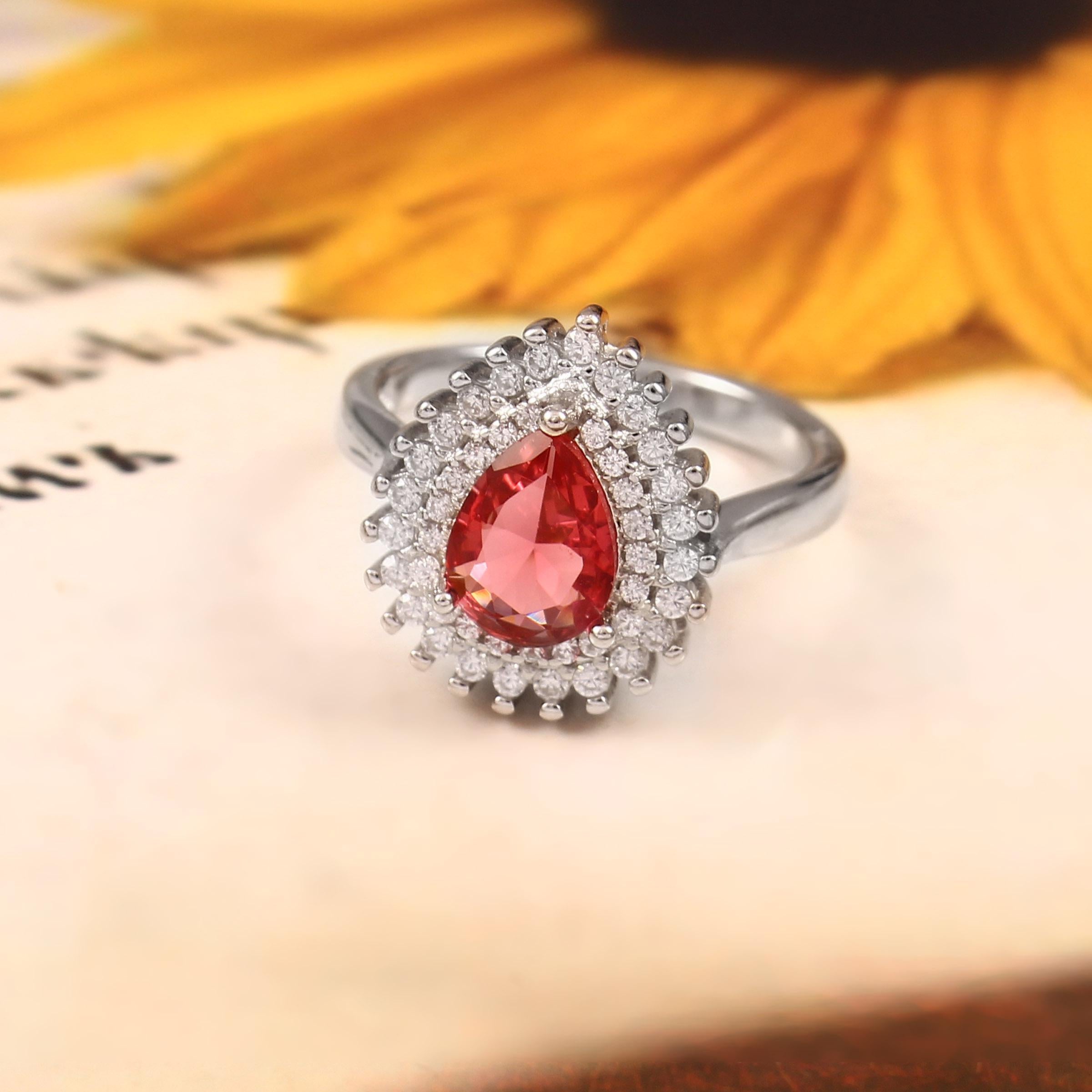 Pear Cut Ruby Sterling Silver Ring, Double Halo Art Deco Design