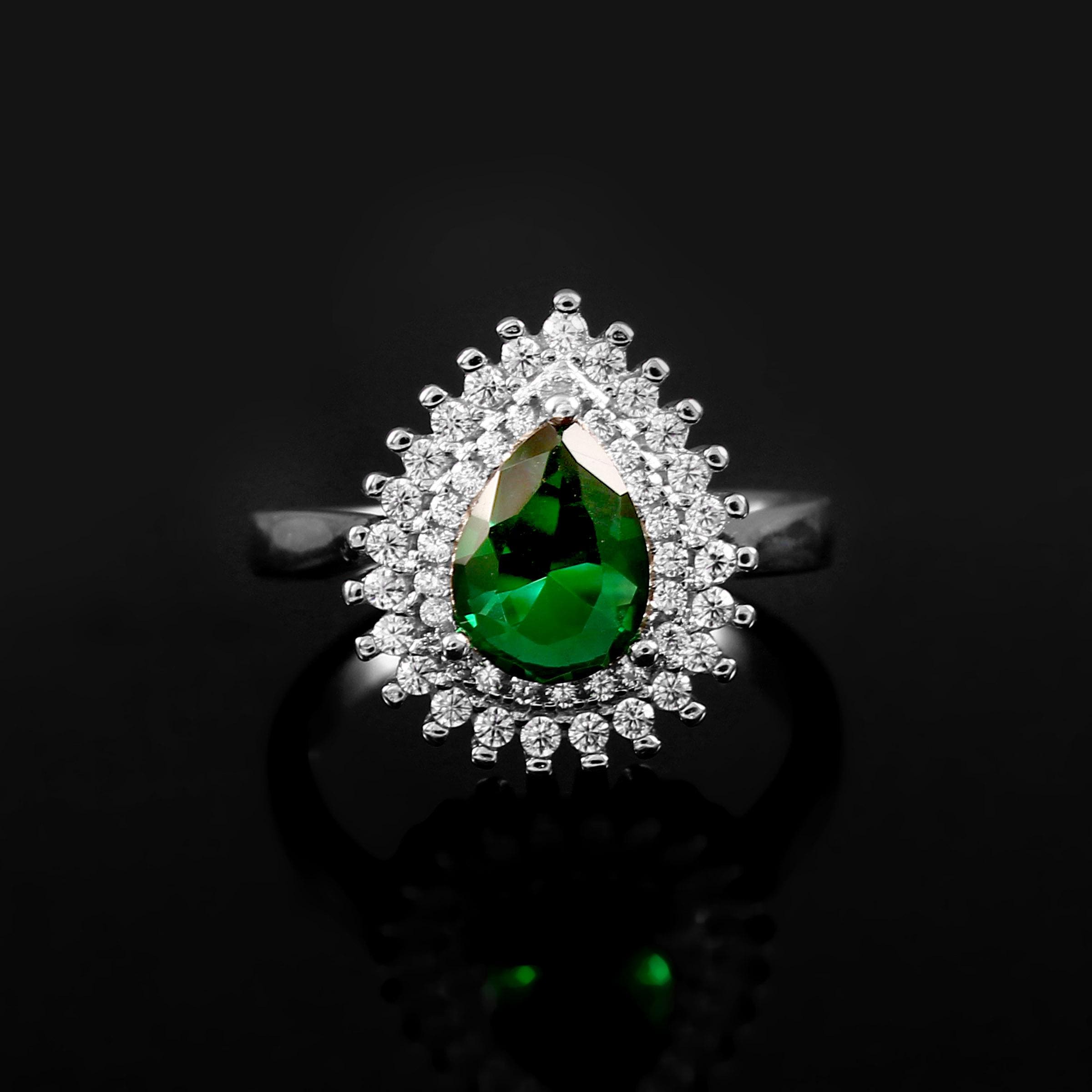 Pear Emerald Sterling Silver Ring, Double Halo Art Deco Design