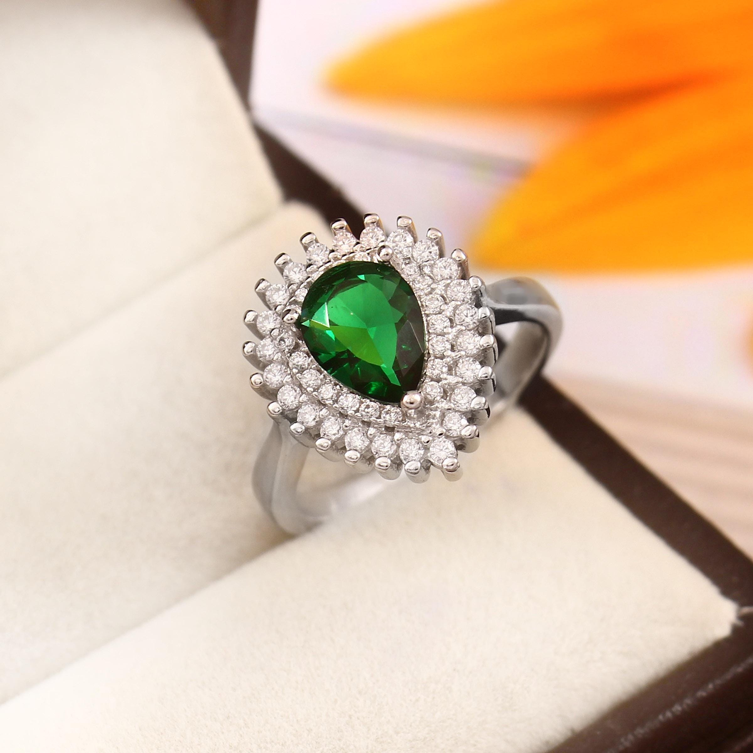 Pear Emerald Sterling Silver Ring, Double Halo Art Deco Design