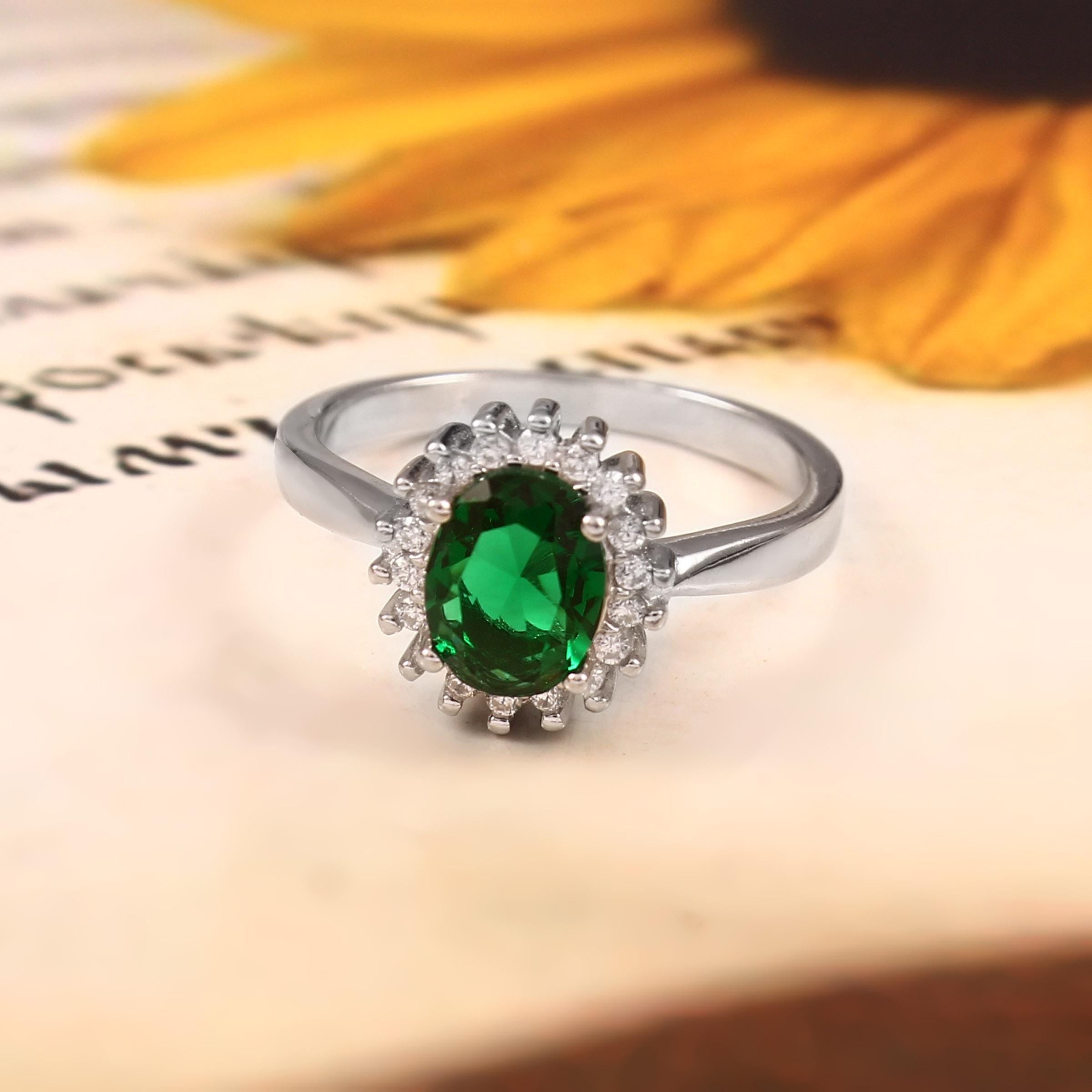 Oval Emerald Engagement Ring, Halo Moissanite, Sterling Silver Art Deco