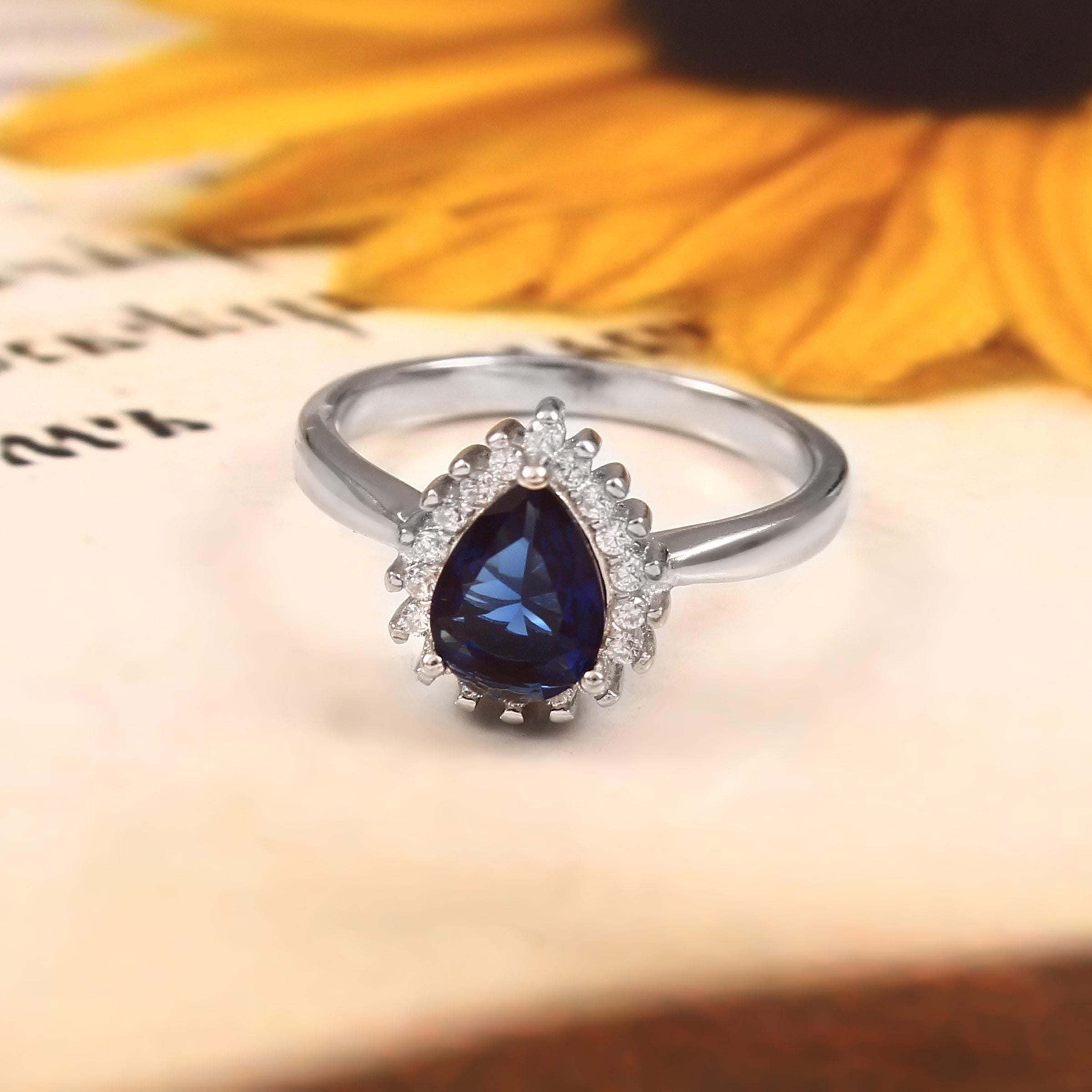 Blue Sapphire Engagement Ring, Pear Halo, Sterling Silver Art Deco