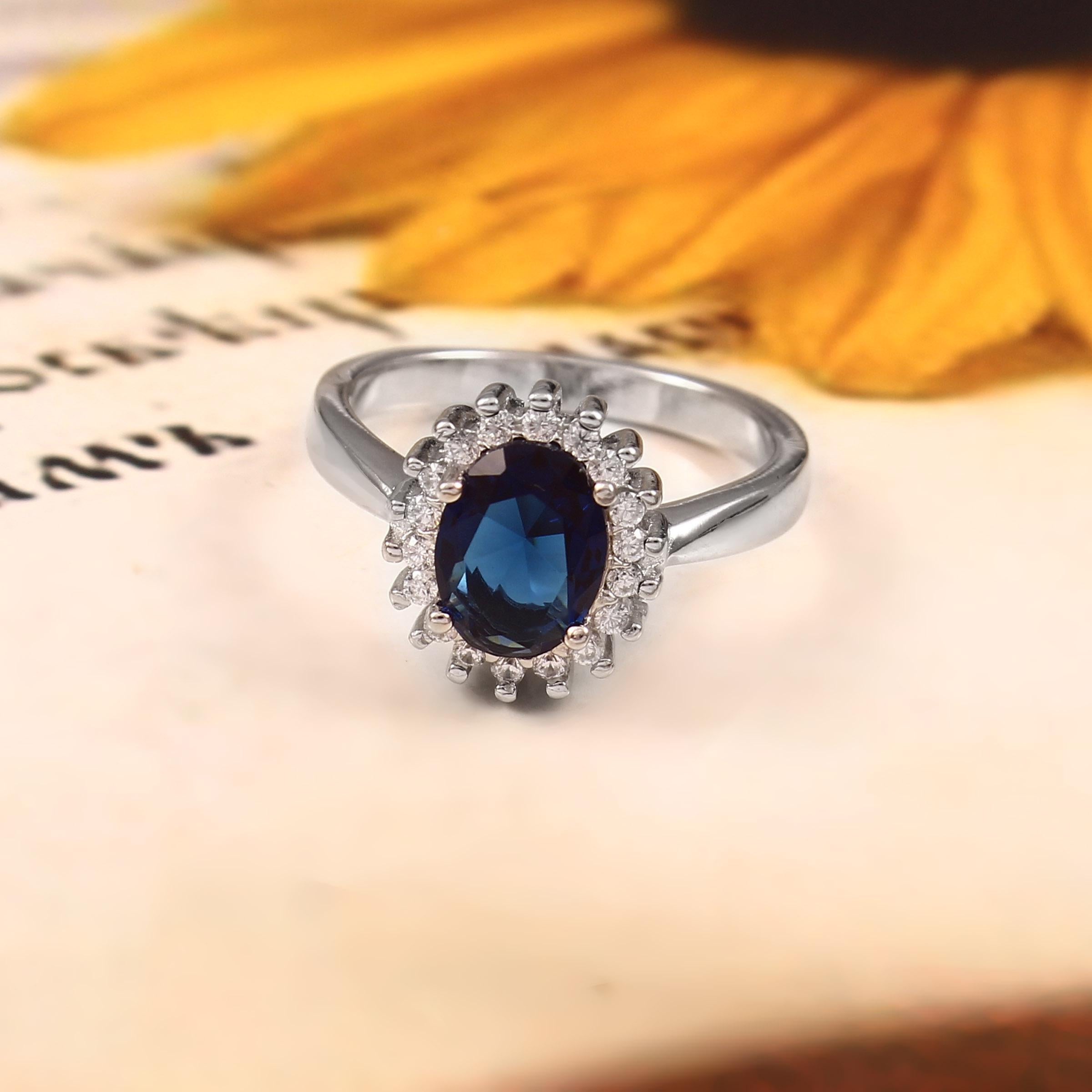 Blue Sapphire Engagement Ring, Oval Halo, Sterling Silver, Art Deco Style