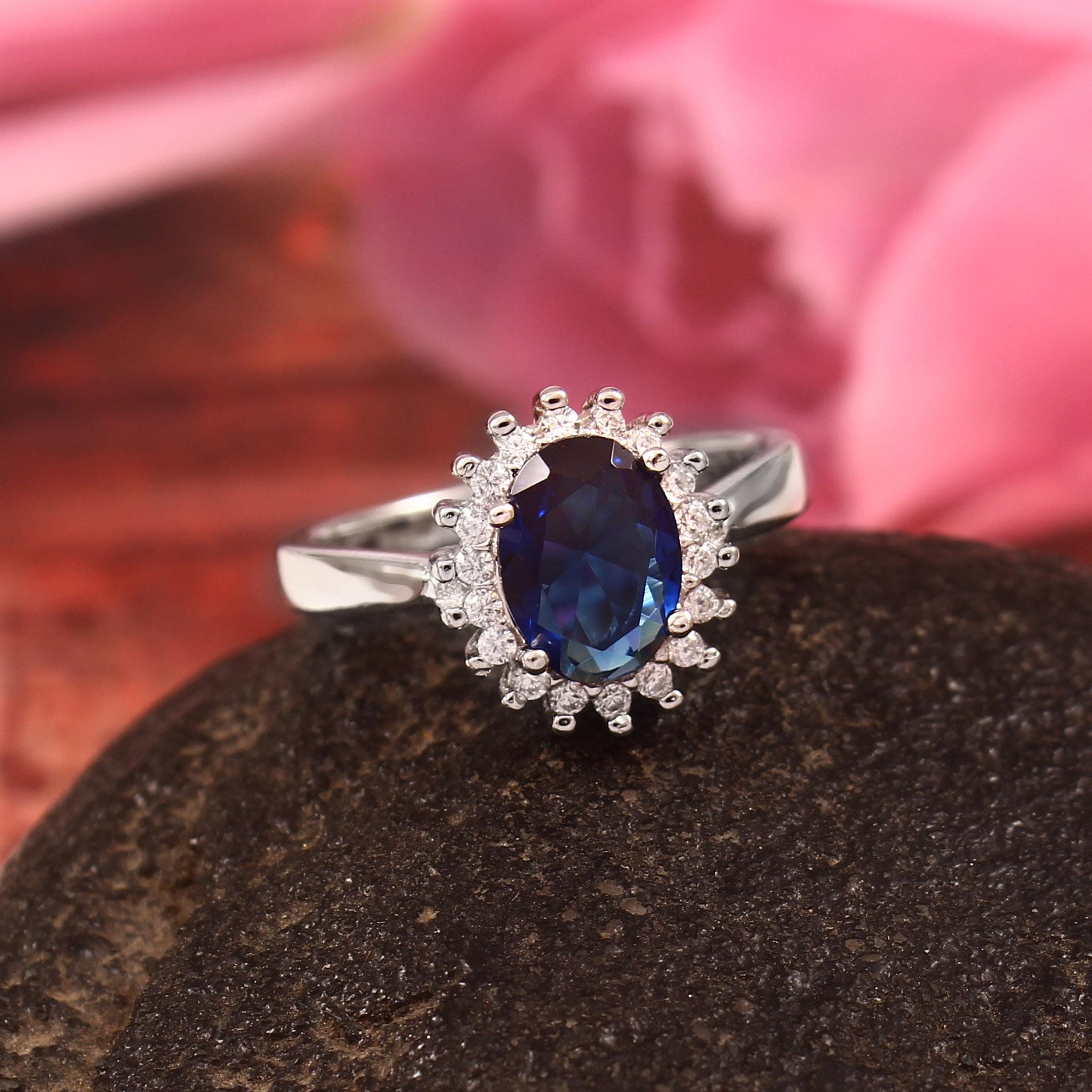 Blue Sapphire Engagement Ring, Oval Halo, Sterling Silver, Art Deco Style