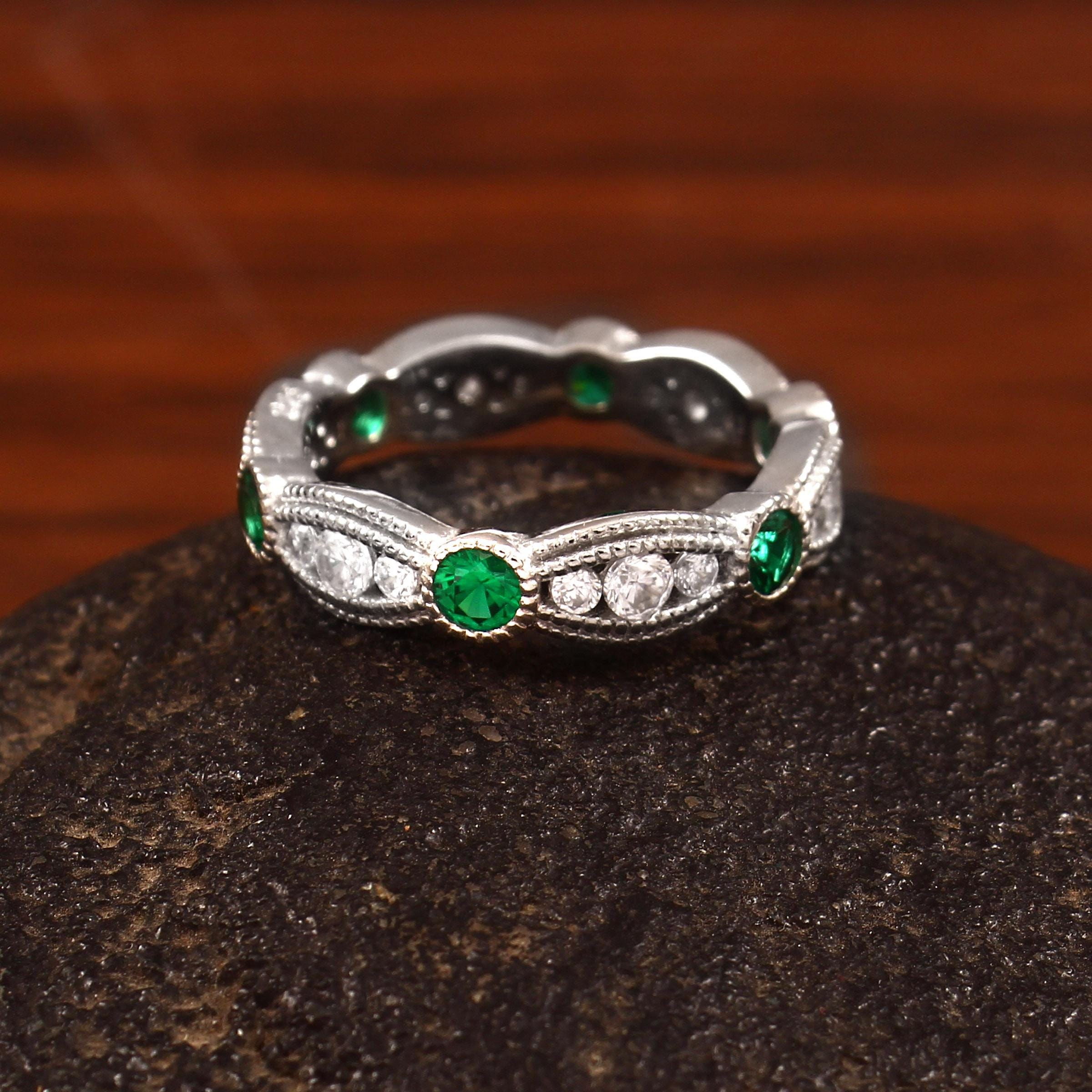 Emerald Moissanite Wedding Band, Sterling Silver Art Deco Milgrain Ring