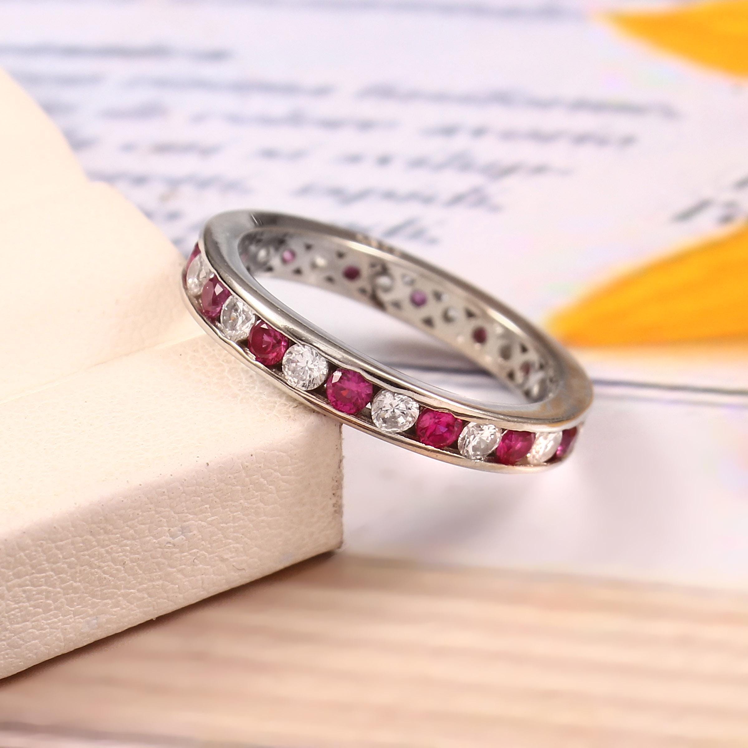 Ruby & Moissanite Eternity Band, Sterling Silver Anniversary Ring