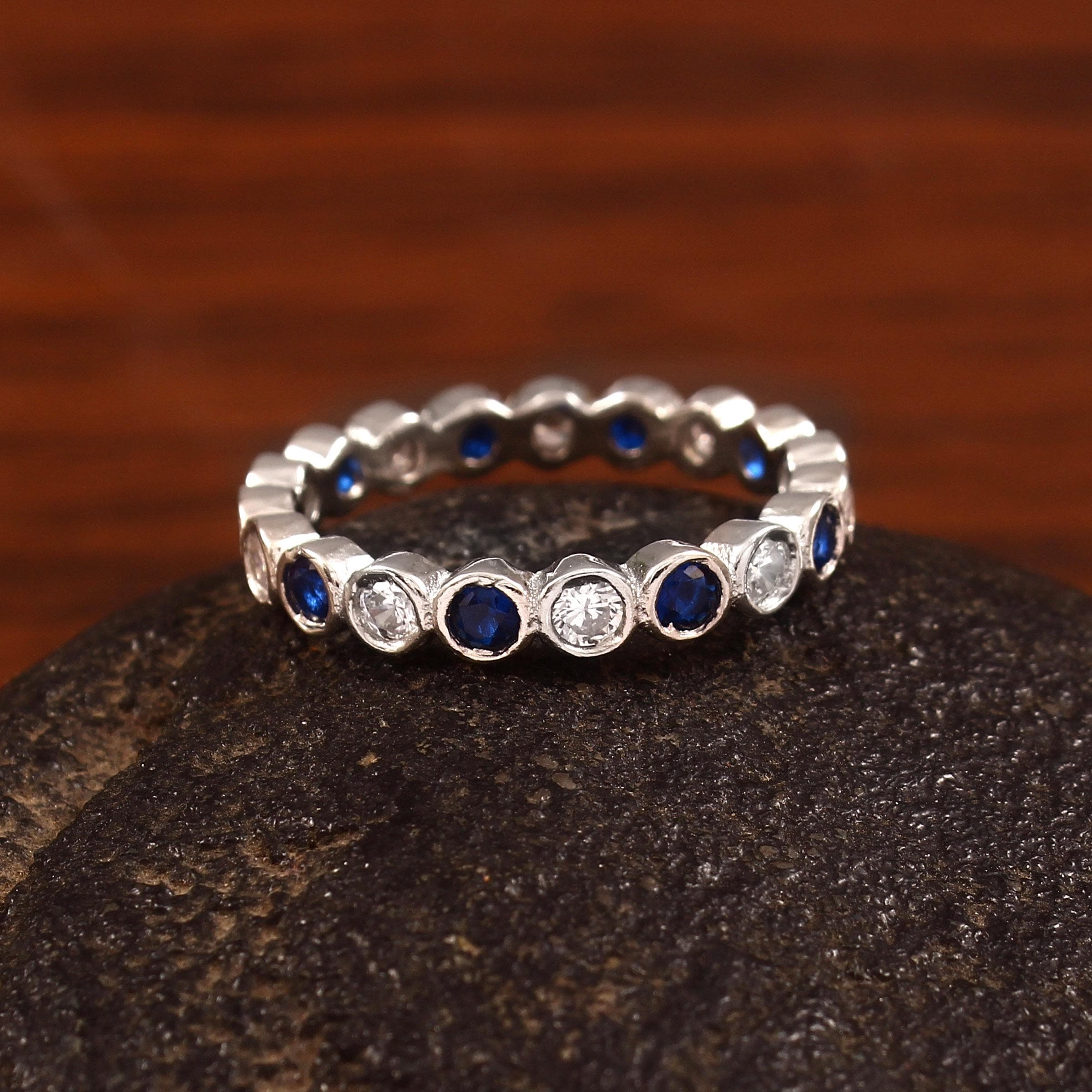 Blue Sapphire Moissanite Eternity Band, Art Deco Sterling Silver Ring