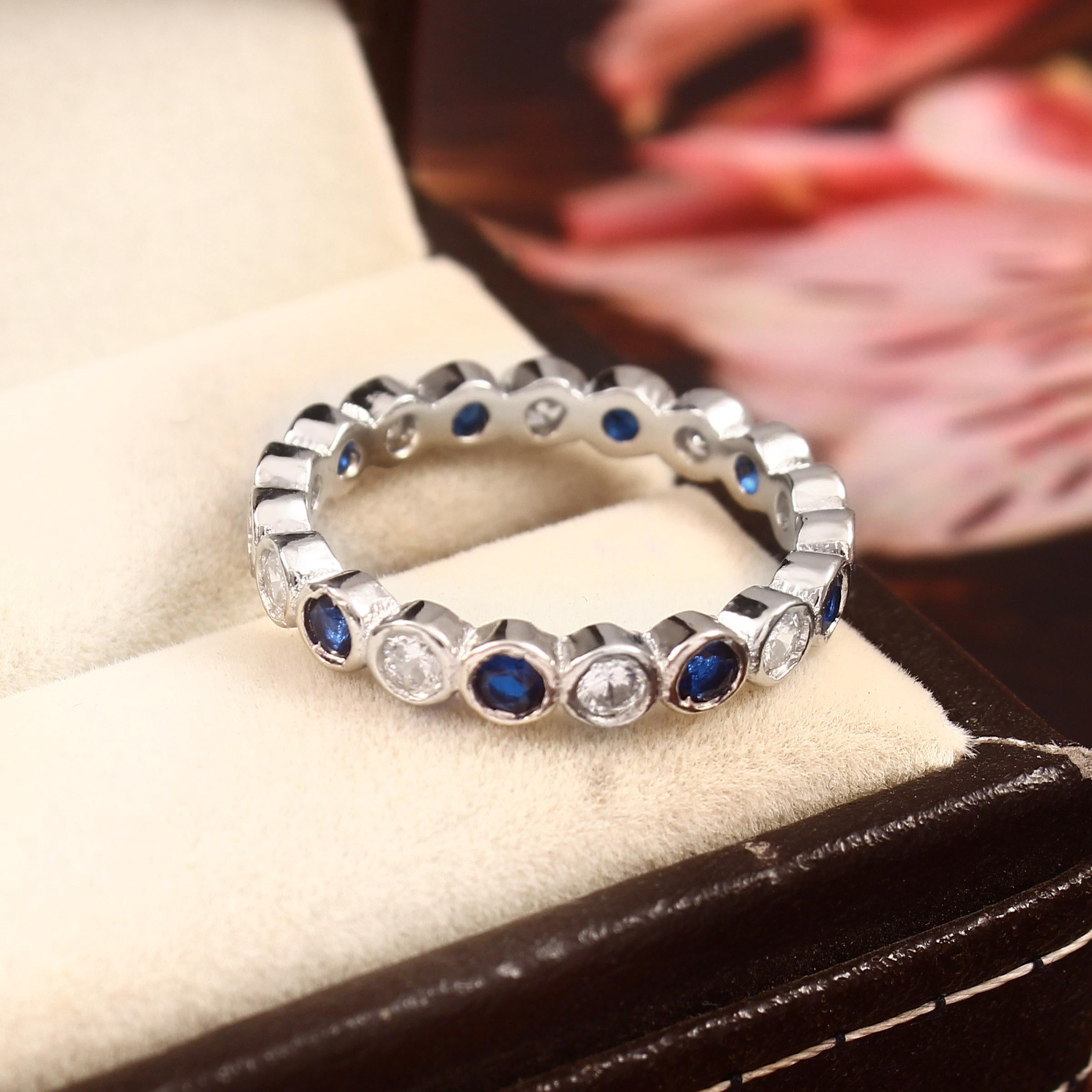 Blue Sapphire Moissanite Eternity Band, Art Deco Sterling Silver Ring