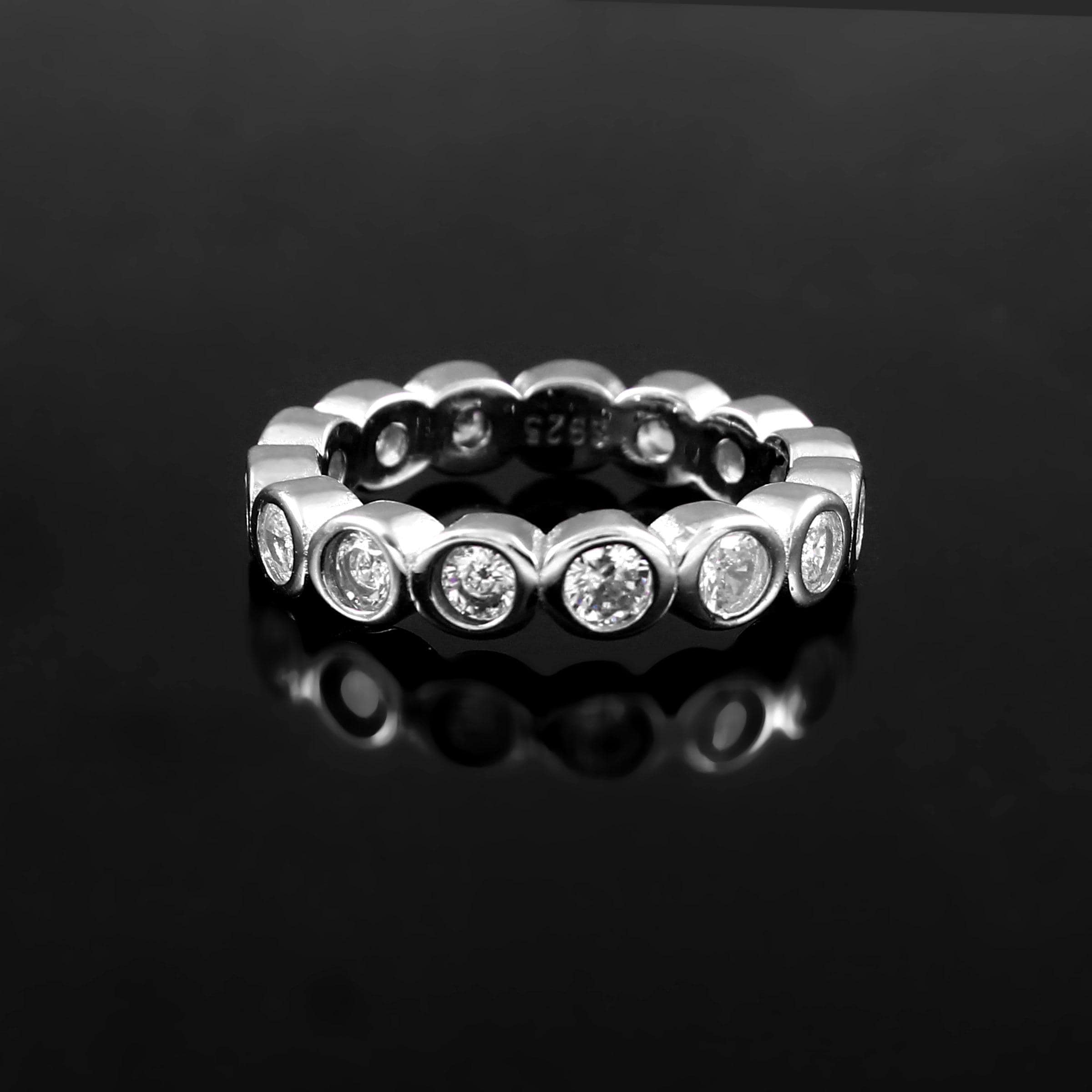 Moissanite Sterling Silver Wedding Band, Bezel Set Eternity Ring