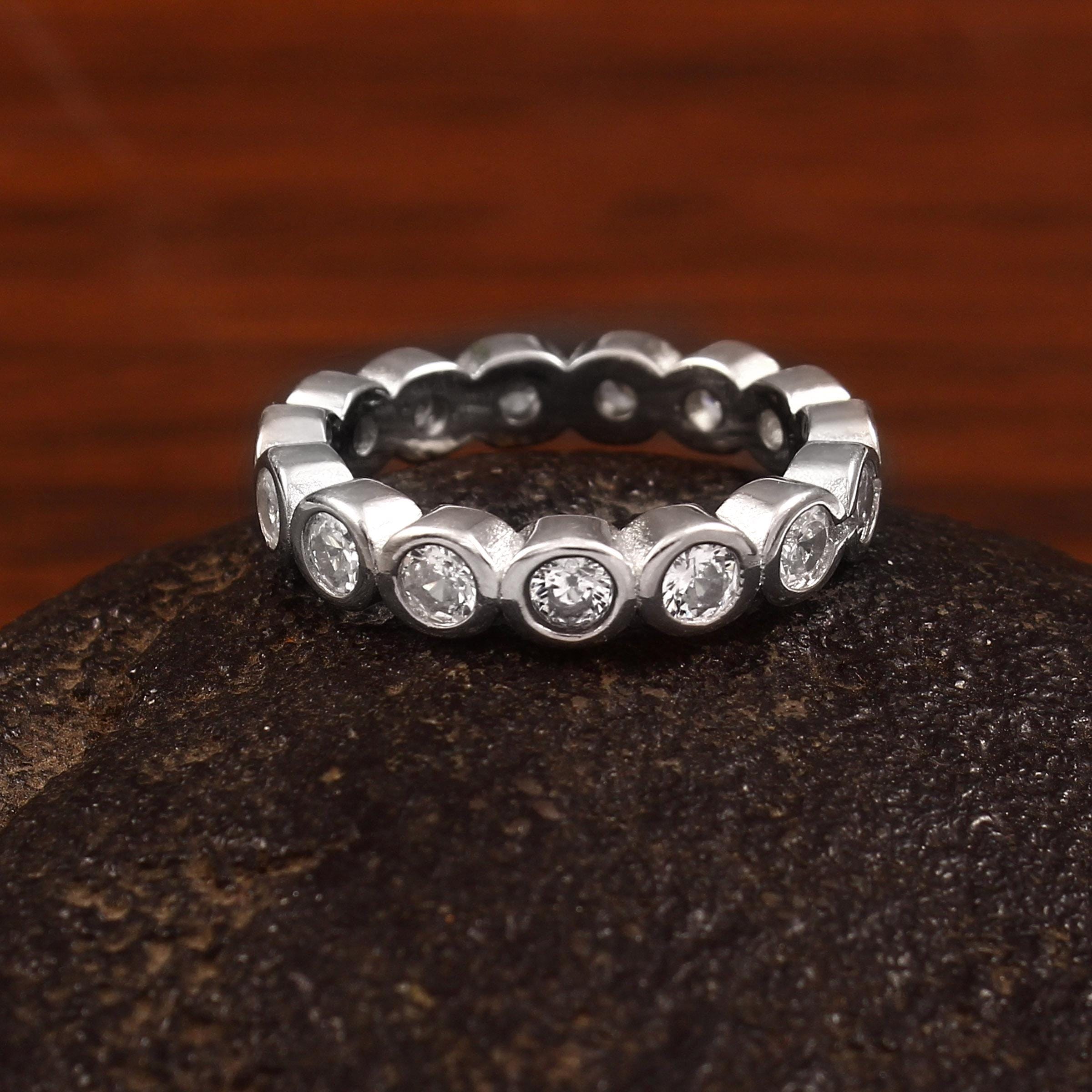 Moissanite Sterling Silver Wedding Band, Bezel Set Eternity Ring