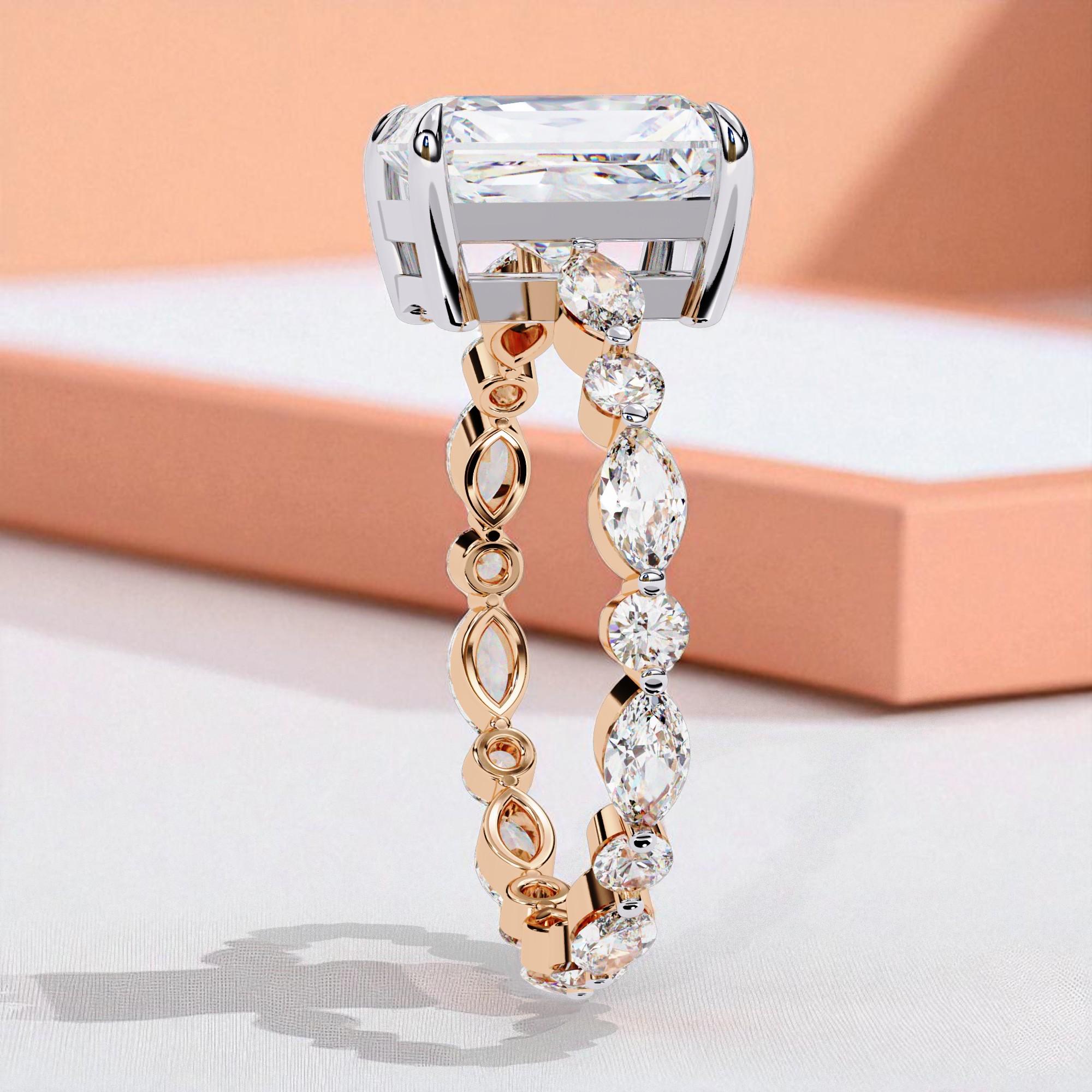 Emerald Cut Moissanite Engagement Ring, Sterling Silver, Hidden Halo Marquise Eternity