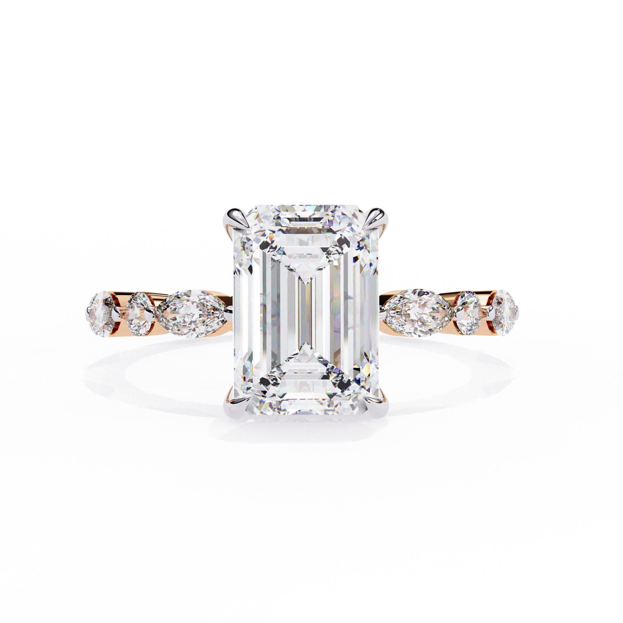Emerald Cut Moissanite Engagement Ring, Sterling Silver, Hidden Halo Marquise Eternity