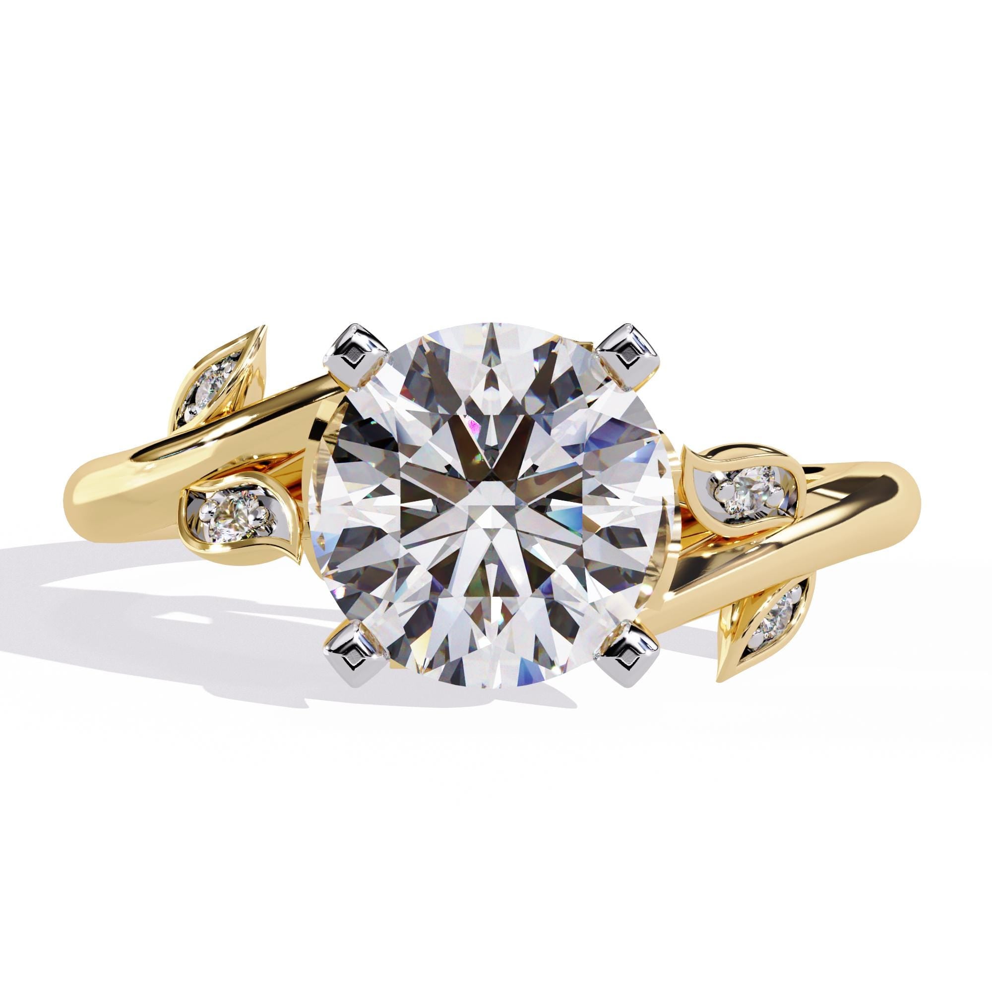 Sterling Silver Moissanite Leaf Engagement Ring, Hidden Halo Bridal Jewelry