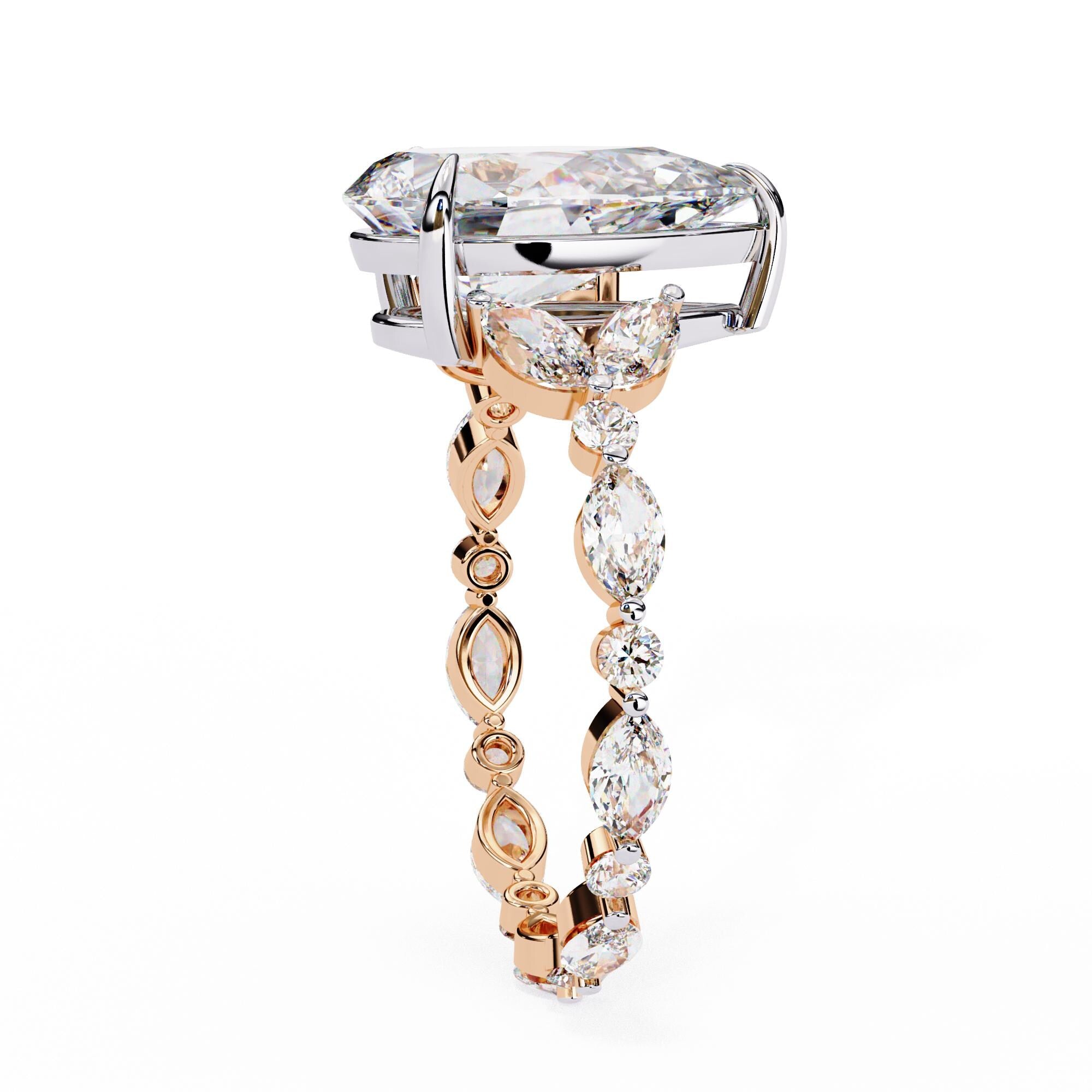 3ct Pear Moissanite Engagement Ring, Sterling Silver Art Deco Eternity Band