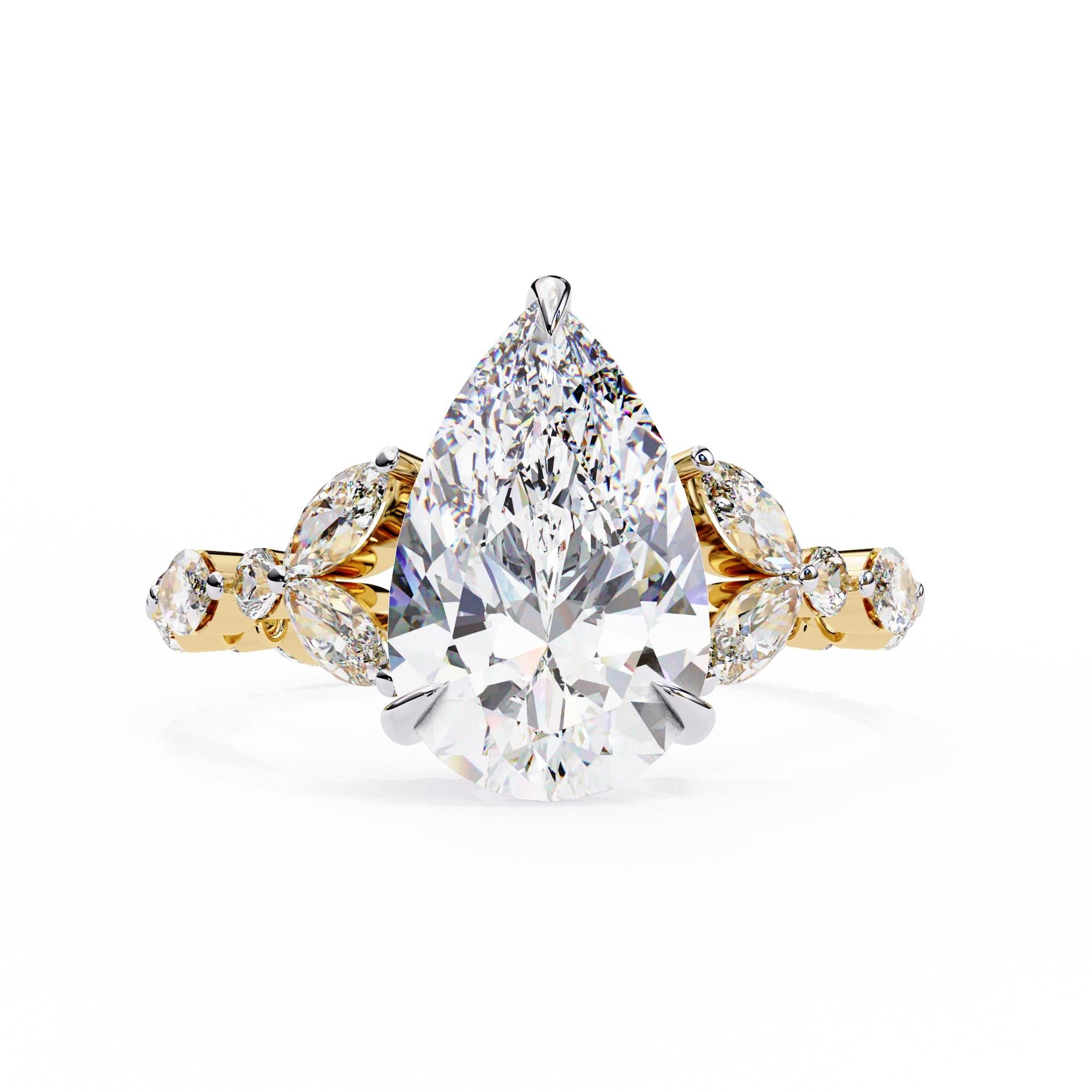 3ct Pear Moissanite Engagement Ring, Sterling Silver Art Deco Eternity Band