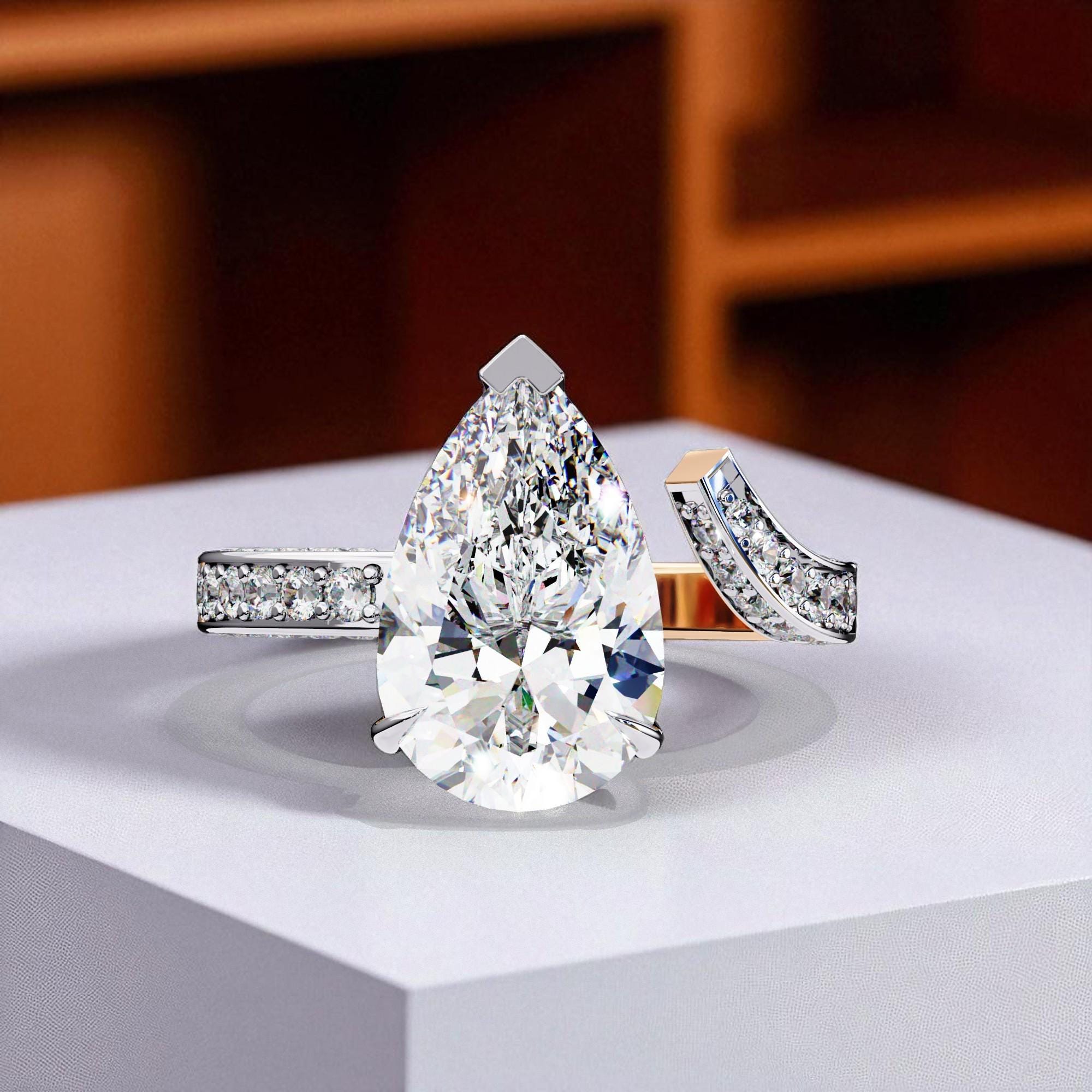 Sterling Silver Pear Moissanite Engagement Ring, Art Deco Bypass Design