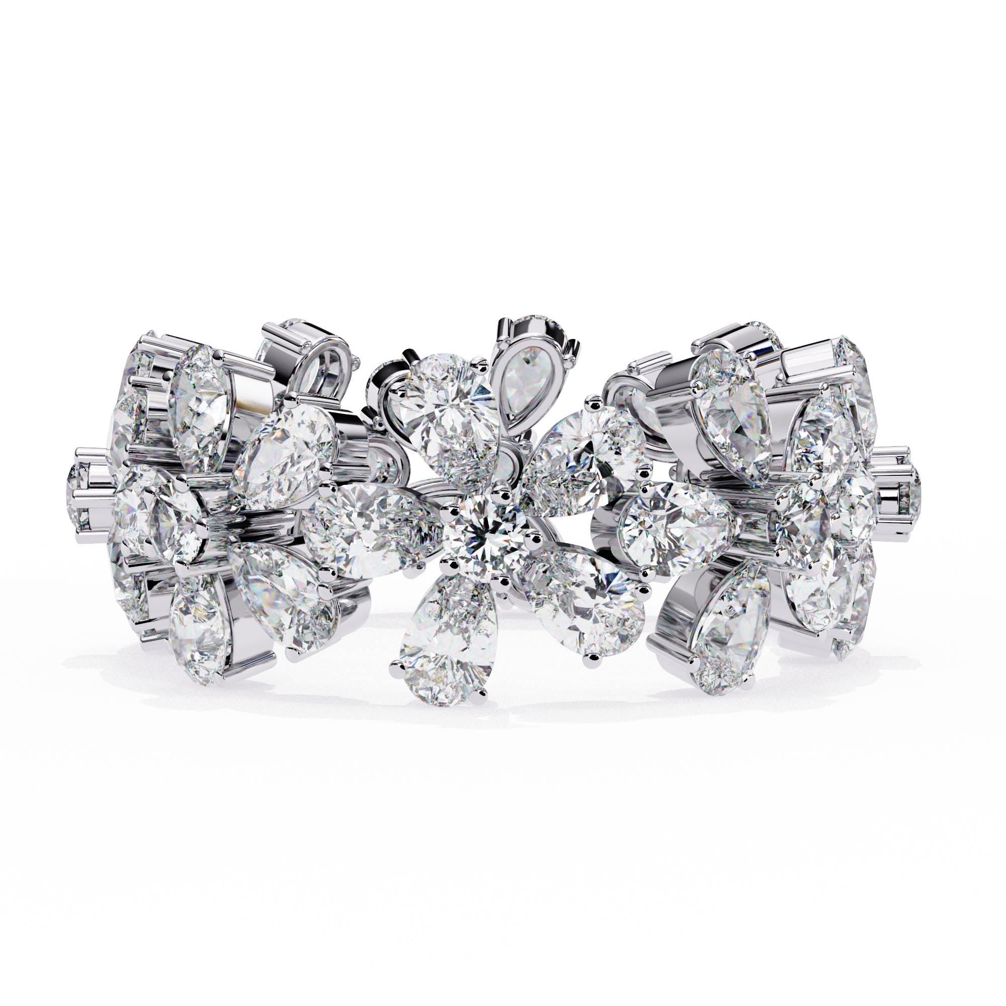 Flower Moissanite Ring, Sterling Silver Full Eternity Band