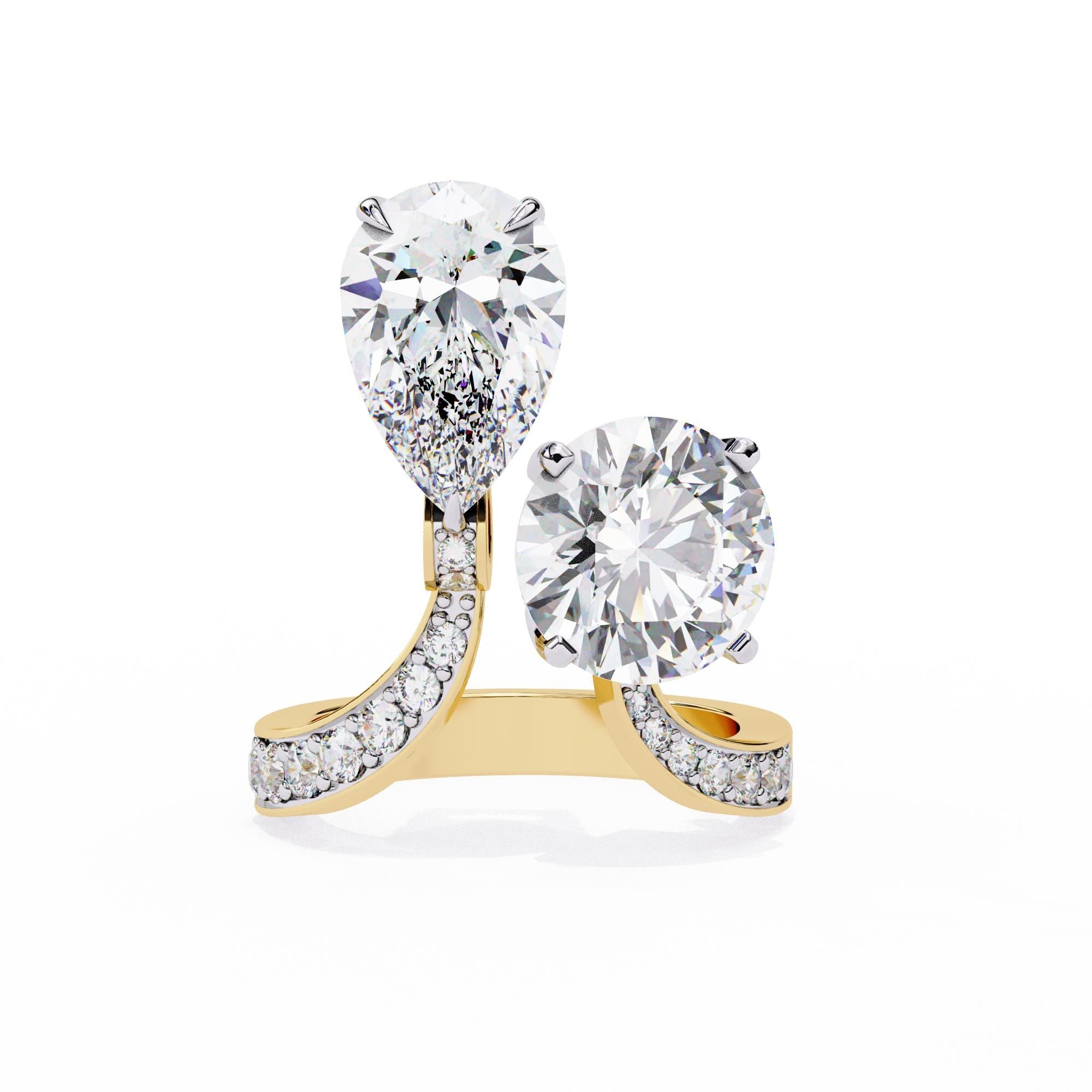 Moissanite Toi et Moi Ring, Sterling Silver Pear and Round Engagement Ring