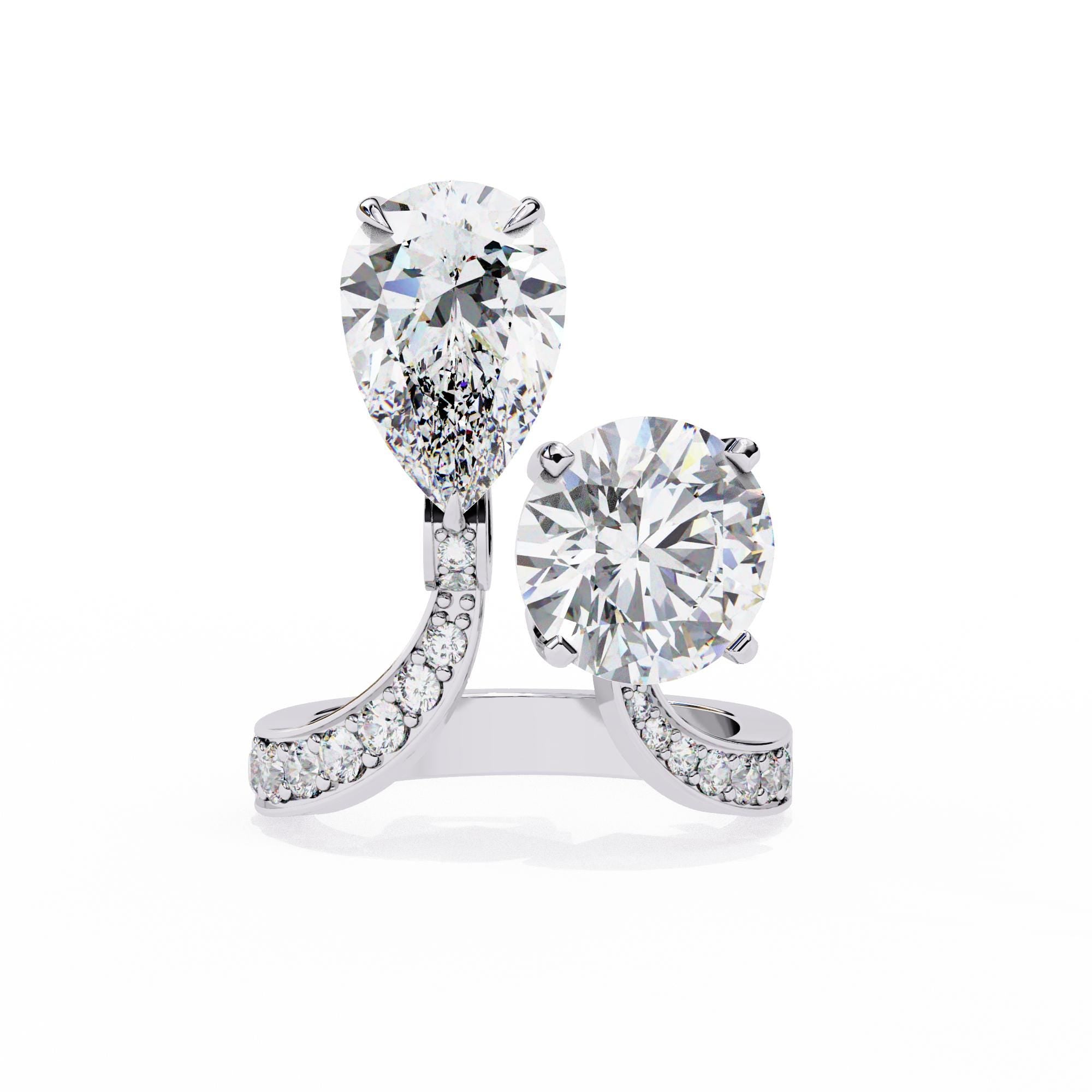 Moissanite Toi et Moi Ring, Sterling Silver Pear and Round Engagement Ring