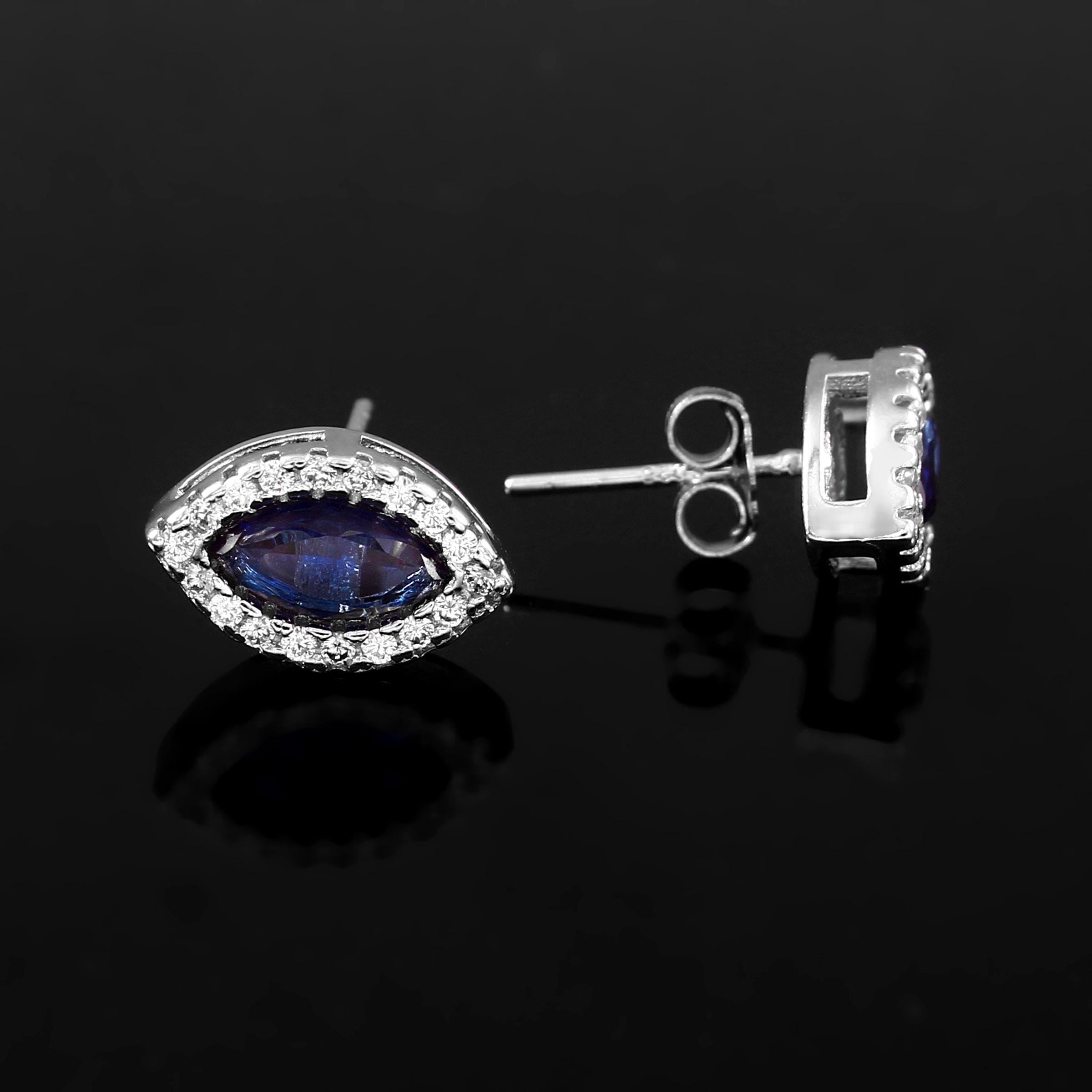 Marquise Halo Blue Sapphire Sterling Silver Stud Earrings